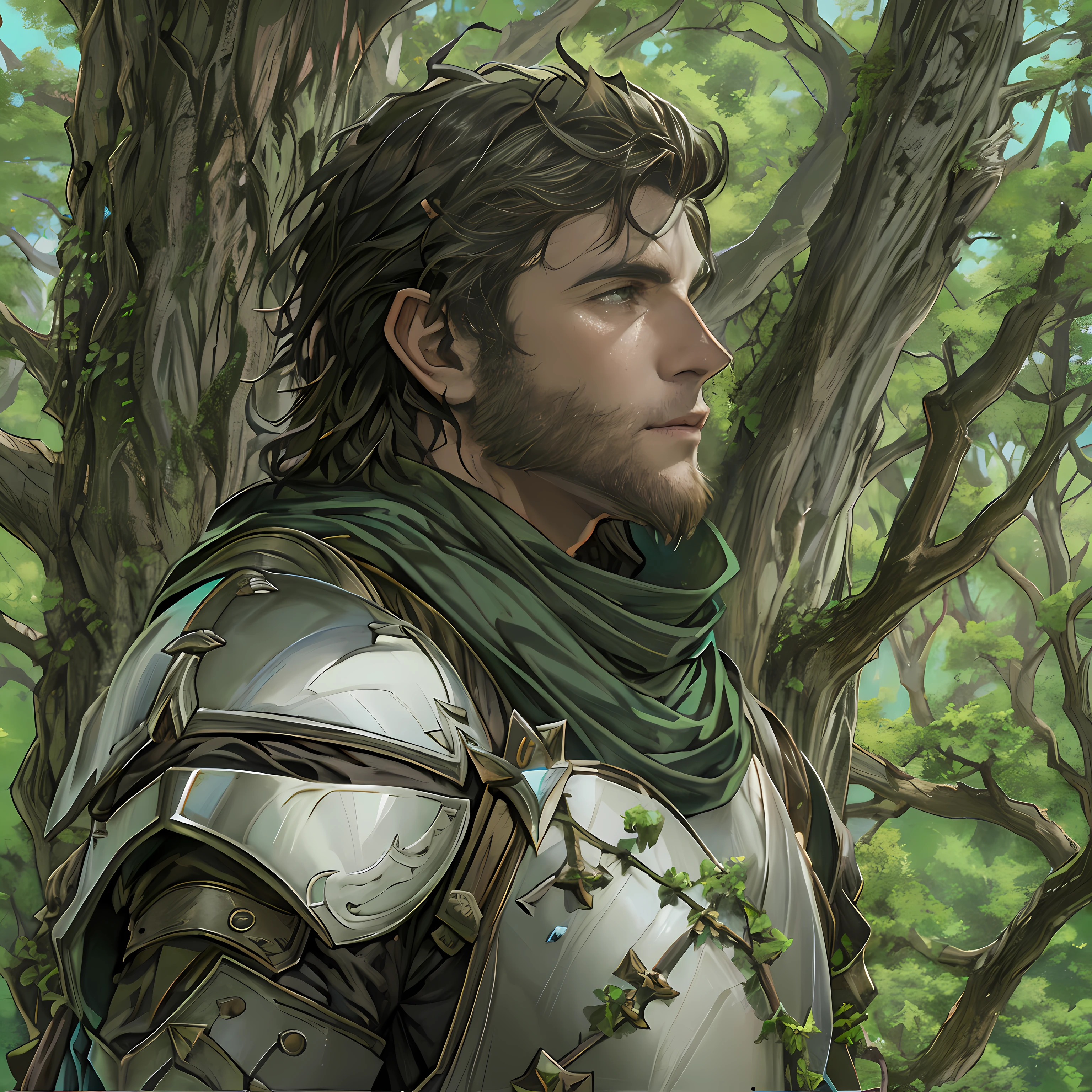a close up of a man in armor standing in front of a tree, portrait of fin wildcloak, robb stark, rpg book portrait, rpg portrait, detailed character portrait, epic rpg portrait, fantasy characture portrait, full color illustration, portrait of a forest mage, male paladin, a human male paladin, a portrait of a male elf