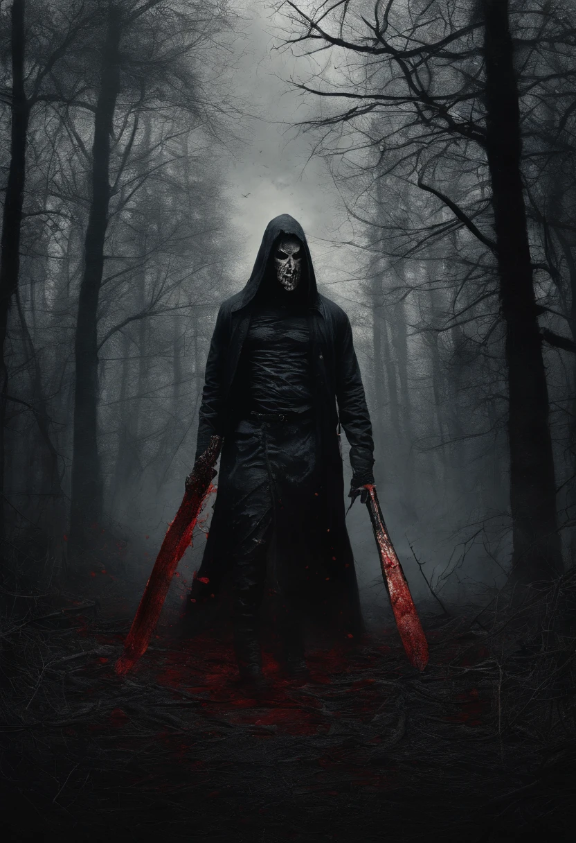 a tall muscular man with torn ragged black dress with a black mask 。Completely realistic, he holds a blood stained machete chasing a woman with torn clothes through a eerie dark forest. where thunder strikes and filled with bones beside the trees Full high resolution, Well made，detail-rich