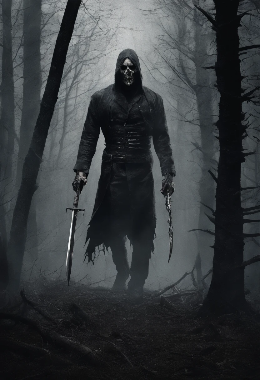 a tall muscular man with torn ragged black dress with a black mask 。Completely realistic, he holds a blood stained machete chasing a woman with torn clothes through a eerie dark forest. where thunder strikes and filled with bones beside the trees Full high resolution, Well made,detail-rich