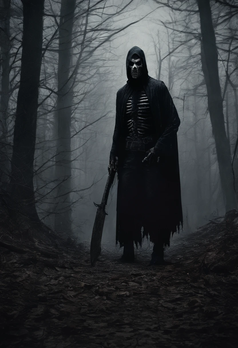 a tall muscular man with torn ragged black dress with a black mask 。Completely realistic, he holds a blood stained machete chasing a woman with torn clothes through a eerie dark forest. where thunder strikes and filled with bones beside the trees Full high resolution, Well made,detail-rich