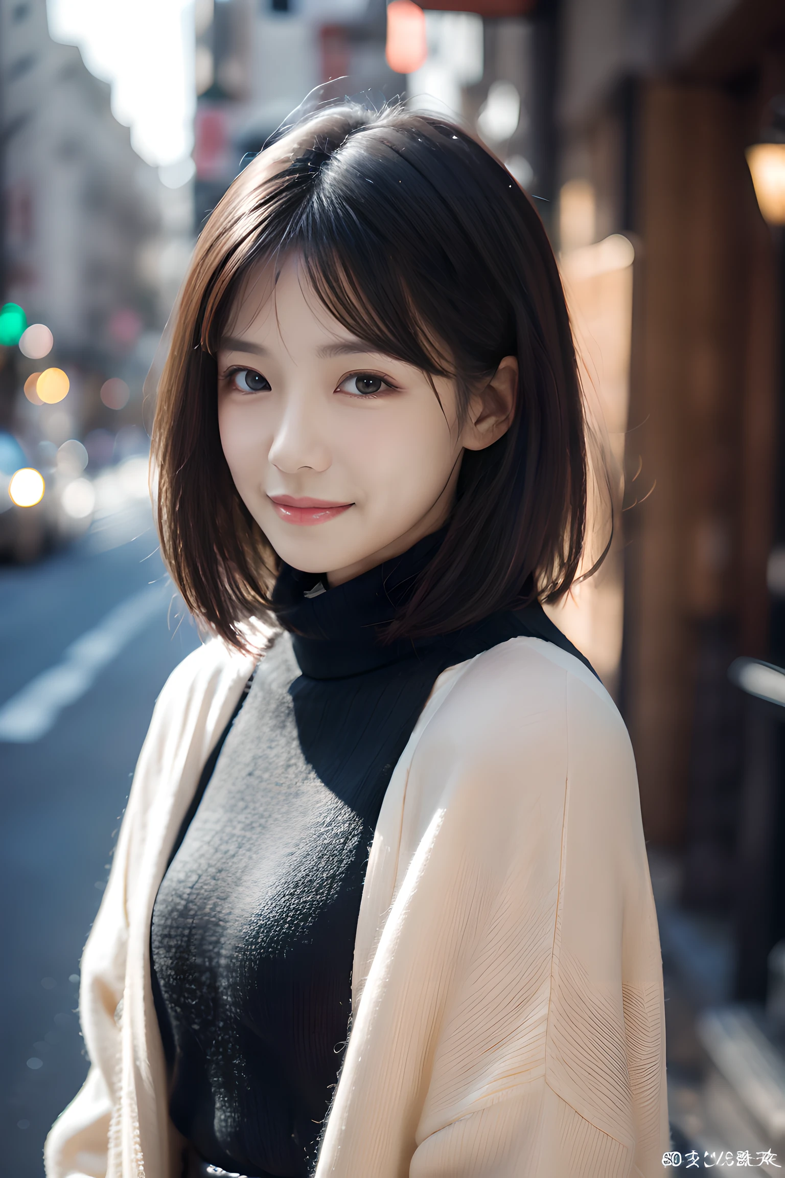 , long windblown [blue-black:.3] hair,looking at viewer, (masterpiece:1.3), (8k, photorealistic, RAW photo, best quality: 1.4), japanese, (1girl), beautiful face, (realistic face), (black hair, short hair:1.3), beautiful hairstyle, realistic eyes, beautiful detailed eyes, (realistic skin), beautiful skin, attractive, ultra high res, ultra realistic, highly detailed, golden ratio, blue fluffy loose turtleneck sweater, shorts,