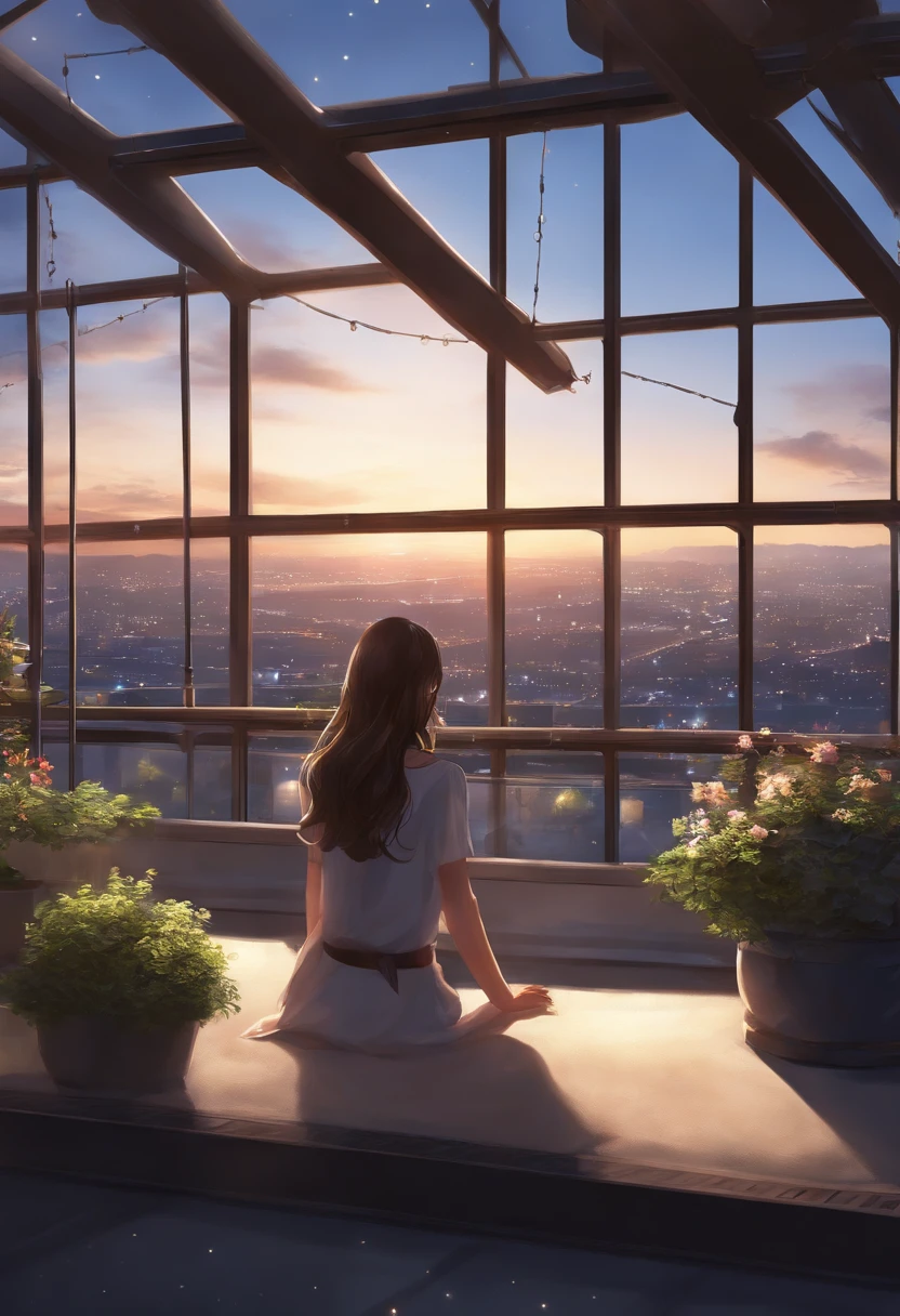 Best Quality, masutepiece, Extremely detailed, Detailed background, Anime, 1girl in, Young Girl, Short Girl, 科幻小说, Science fiction, Outdoors, Night, Starry sky, greenhouse, megastructure, Biodome, landscape, Scenery, Horizon, On the rooftop, sitting on the rooftop, Wind, Looking away, Atmospheric lighting, Solo Focus, close up, From Side, depth of fields, Bokeh