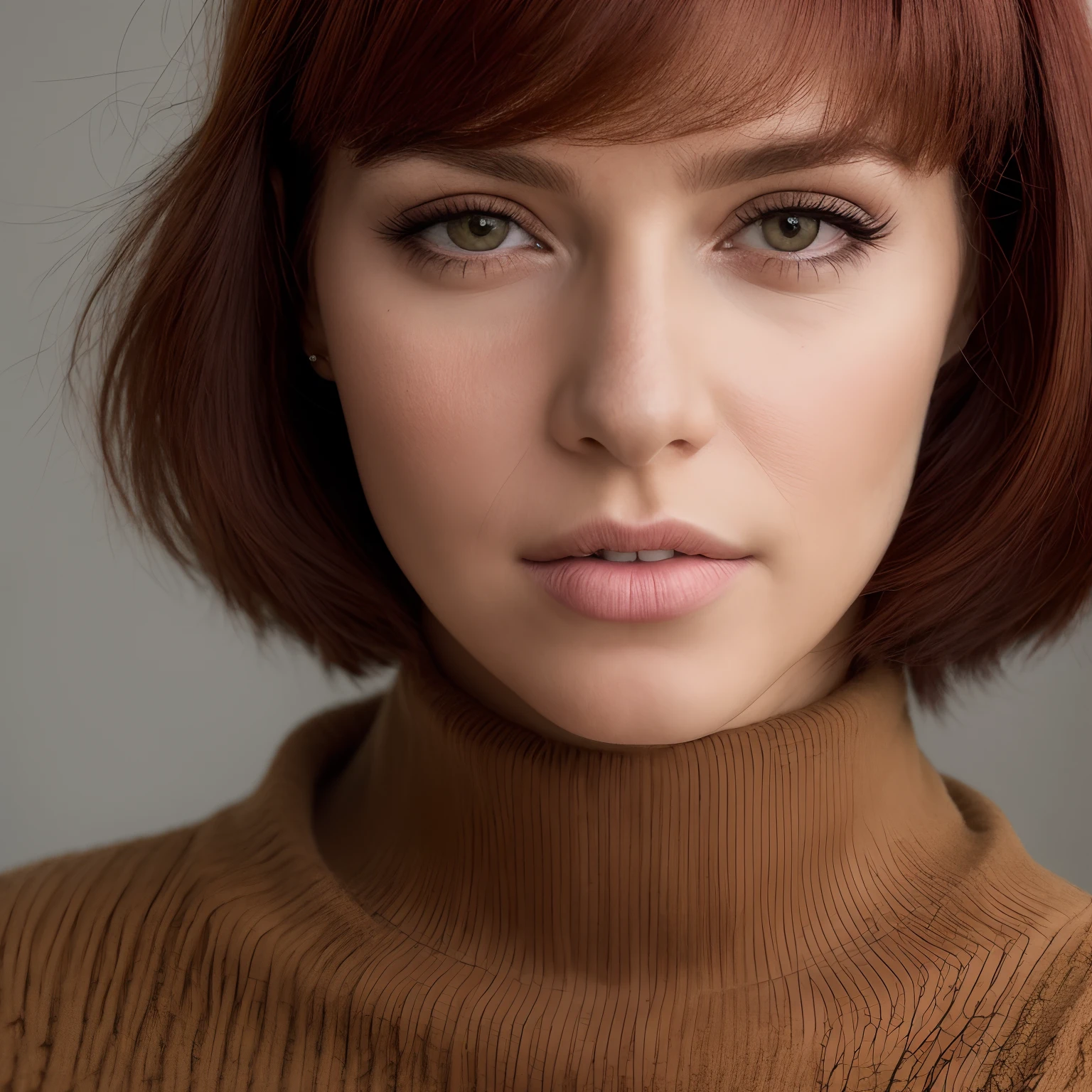 Arafed woman with a short red hair and a turtleneck sweater, foto retrato suave 8 k, cabelos castanhos curtos e olhos grandes, franja marrom, cabelo arrumado com franja, 7 0 mm portrait, cabelos castanhos e franja, cabelo castanho com franja, Retrato de 60mm, com cabelo castanho, close up retrato de uma bela, beautiful fine face features