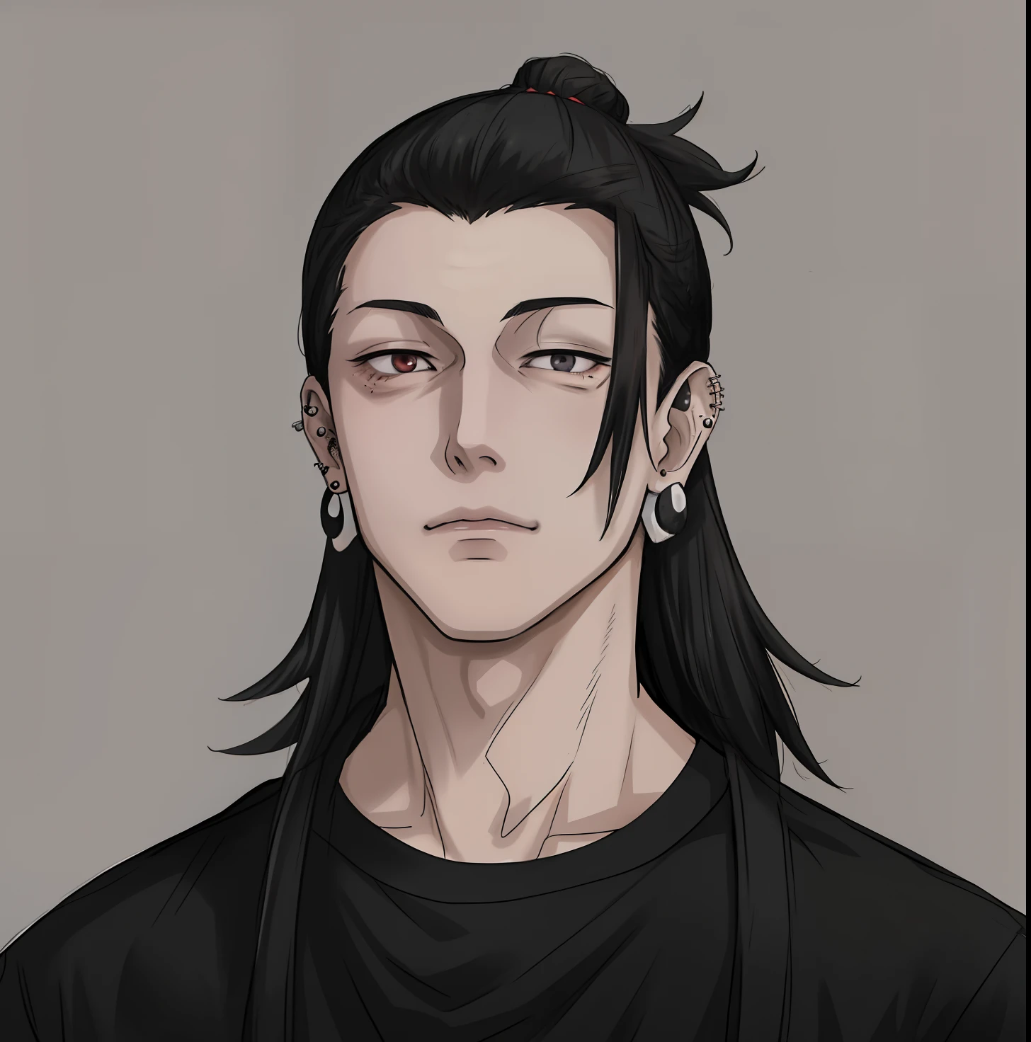 anime man with long black hair and piercings standing in front of a crowd, black hair, manbun hair, geto suguru, jujutsu kaisen, geto, anime handsome man