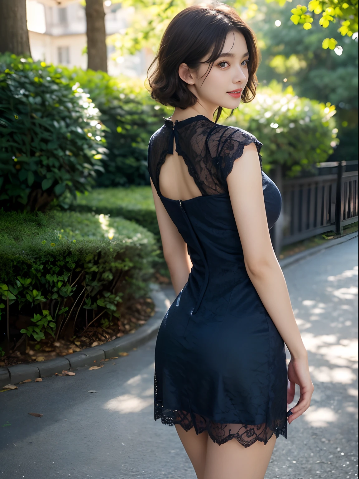 ((((top-quality))))、(((Ultra Precision CG16K Wallpapers)))、(((masterpiece)))、(((ultra-detailliert)))、(((Ultra-extreme details)))、One woman、a matural female、24-year-old woman、((Japanese face))、((extremely beautiful face))、((bob cuts:1.2))、(curly hair)、Bangs up to the eyebrows、Beautiful brown hair、Beautiful delicate eyes、Brown eyes、lofty nose、small nostrils、seductive lips、Half-open mouth、Beautiful breasts、C-cup size breasts、cleavage of the breast、Beautifully proportioned proportions、perfect anatomia、Beautiful and detailed shading、Beautiful natural lighting、Beautiful detail glow、depth of fields、(((a high chroma)))、((realisitic:1.9))、((Vivid:1.4))、((Beautiful skin))、((Skin texture))、dynamic ungle、((long shot))、((Angle from the front))、((ssmile))、(Staring eyes)、Bright sunshine、((standing in park))、(Background blur)、((Dark blue lace dress:1.5))、(sleeveless)、(a miniskirt)、(Silver Necklace)、((2 beautiful legs))、
