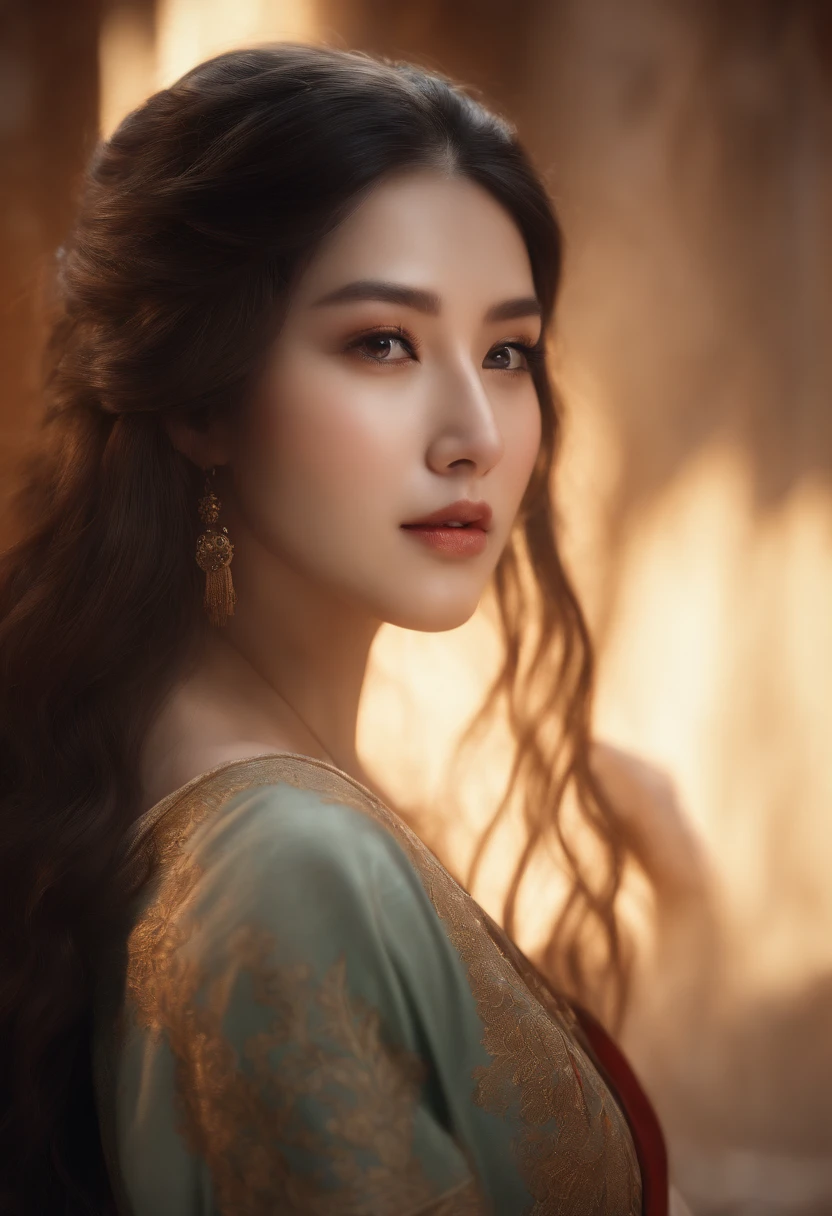 (RAW photo, Best quality), (Realistic, photo-realistic:1.3),Best quality,Highly detailed,Masterpiece,Ultra-detailed,illustration,1girll,The upper part of the body_nakeness,Dynamic Angle,world masterpiece theater,Messy_Long_Hair,Best quality,Extremely detailed Cg Unity 8K wallpaper,ink,Amazing,Cinematic lighting,lens_flare, dunhuang_Style