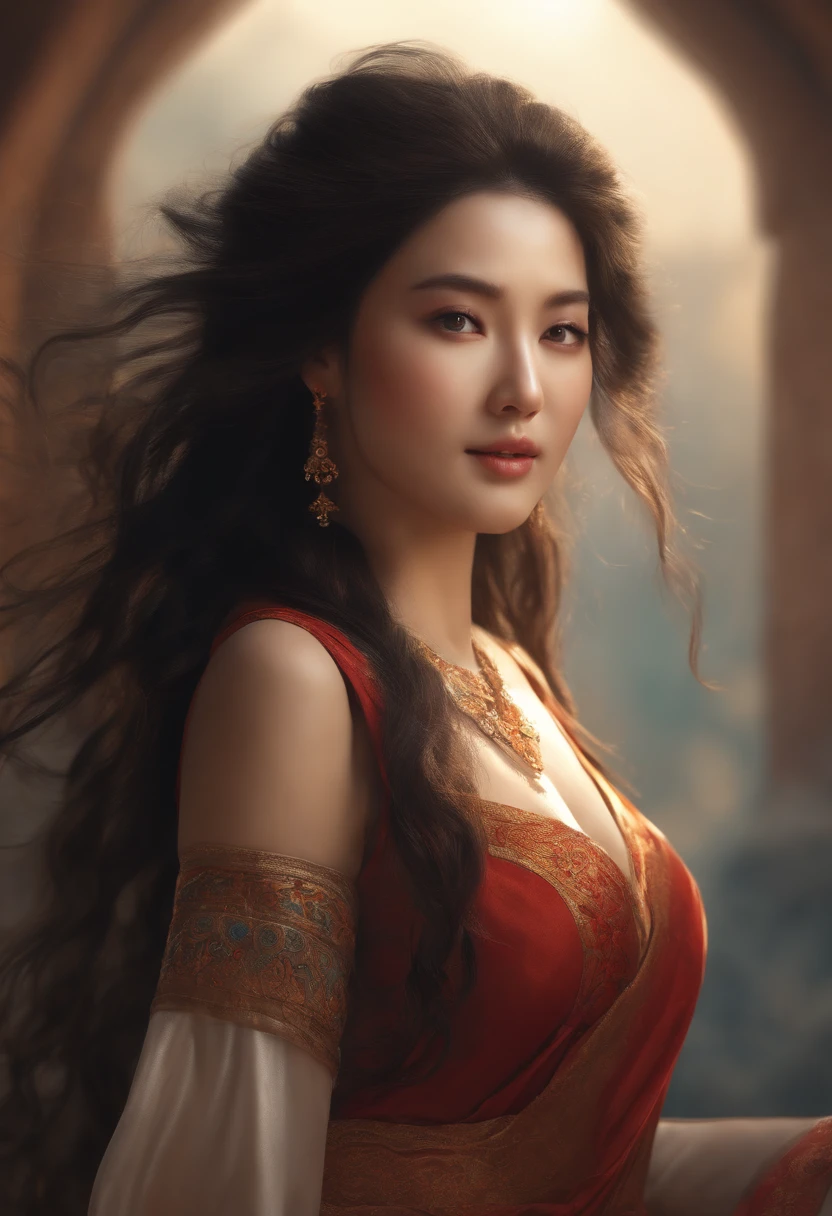 (RAW photo, Best quality), (Realistic, photo-realistic:1.3),Best quality,Highly detailed,Masterpiece,Ultra-detailed,illustration,1girll,The upper part of the body_nakeness,Dynamic Angle,world masterpiece theater,Messy_Long_Hair,Best quality,Extremely detailed Cg Unity 8K wallpaper,ink,Amazing,Cinematic lighting,lens_flare, dunhuang_Style