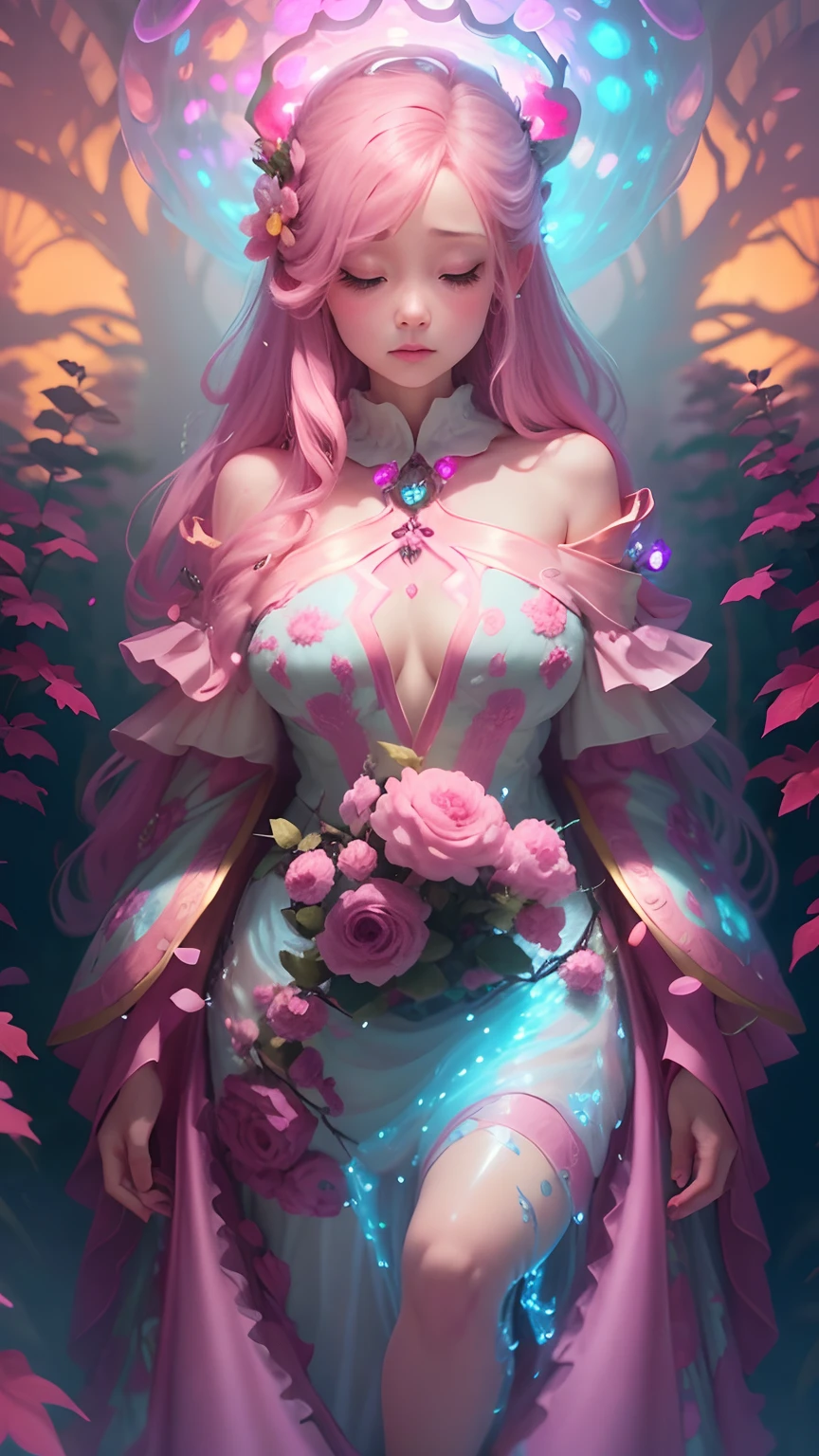 fluffy pink cotton candy gossamer mushroom trees, glowing bioluminescent rolling paths that tumble water spilling cascading rubble tumble timing padded leaves red pandas tiny yellow fairies darkness small lighted fires in circles, 24k resolution, hyperdetailed, photorealistic mythical mystical misty low foggy dews pixies porcelain elephants, fairy stories