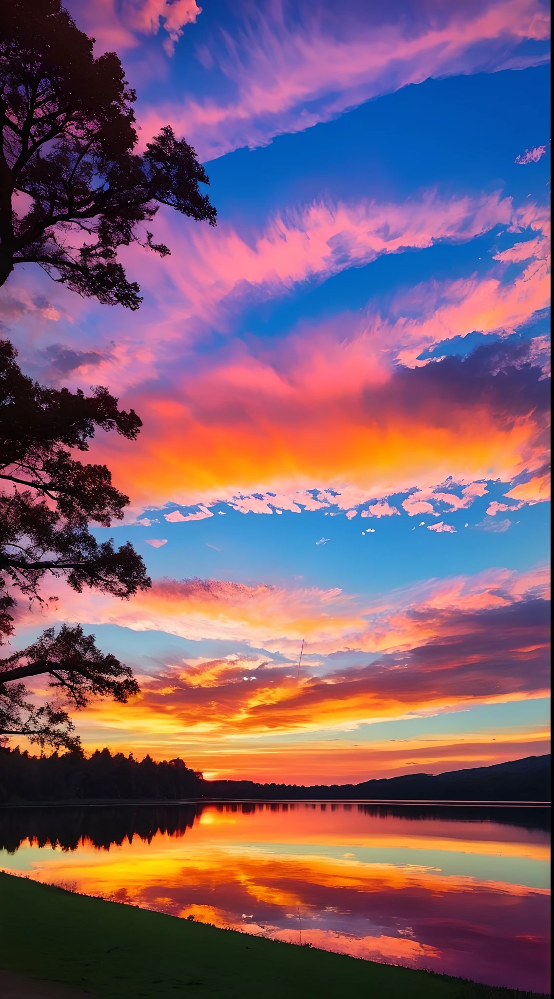 Had a beautiful sunset,Lakes and trees in the background,Sunset,Sunset red sky,Surreal colors,Colorful sunsets,Colorful sky,Marvelous sky reflections,stunning skies,Fantastic atmosphere 8K,Sunset,The color is reflected on the lake,surreal sky,Cloud reflections,beautiful sky,Beautiful and spectacular dusk,Beautiful Dreamy Landscape,Amazing sky