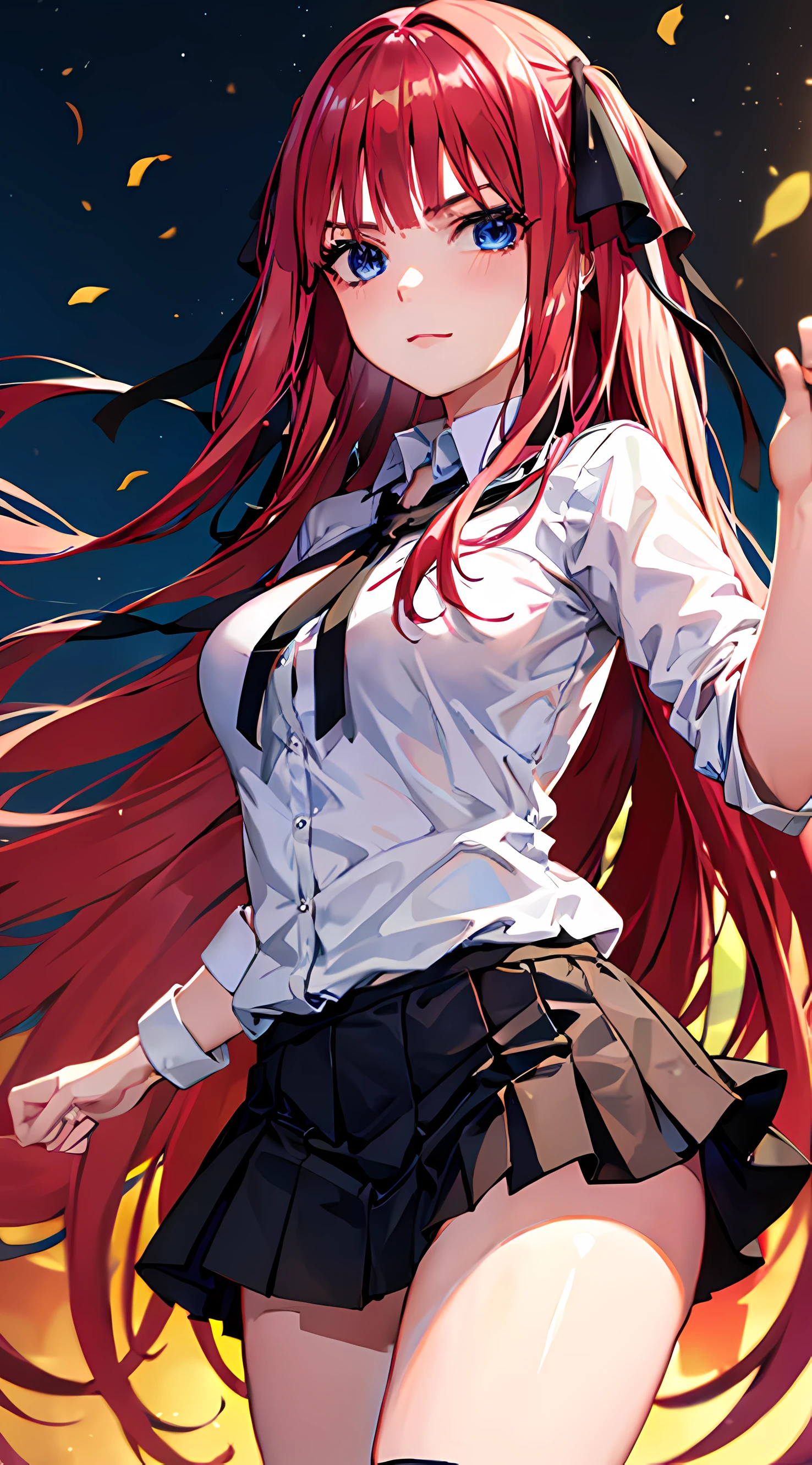 Nino Nakano:Beautiful young girl is happy and looking at the viewer,1girl,long reddish-pink hair,beautiful dark blue eyes,Black Ribbons,wearing white shirt,black jacket,green skirt,white long high socks,medium breasts,cute pose,anime,(Nino Nakano),(Gotoubun no Hanayome),masterpiece,8k,very high quality,