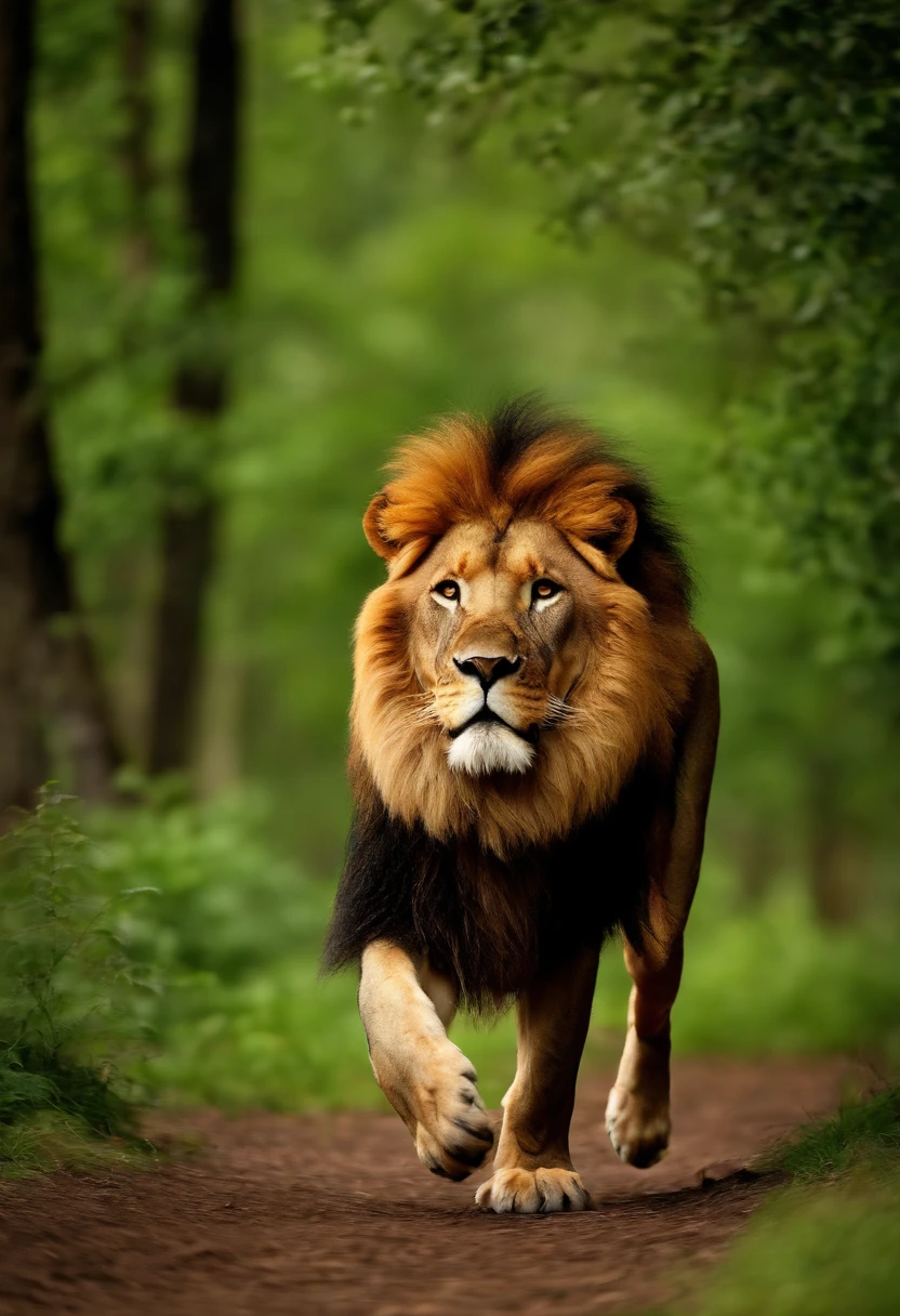running lion in the forest