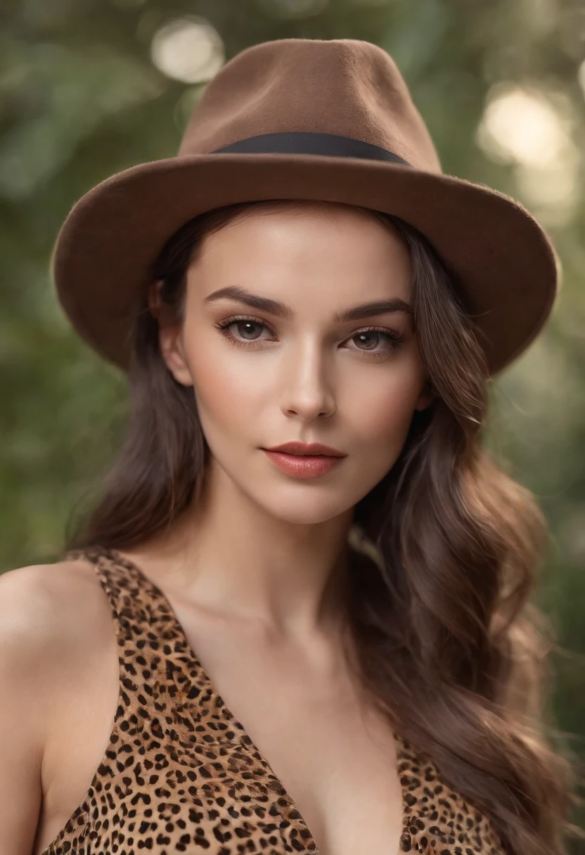 Photorealistic head-to-toe image of gorgeous brunette woman in tight gala dress and big fedora, natural dye, Dynamic installation, Kinematic images, — Rainbow 5—Gorgeous face with details with expressive style texture, Detailed skin, Seeing with purple eyes with a camera, octan render, nffsw, skyla, Unzoom, luminism, Bar lighting, complex, Learn more about 8K resolution portrait bioluminous fractal isometry : stunning realistic photograph Leopard print hat