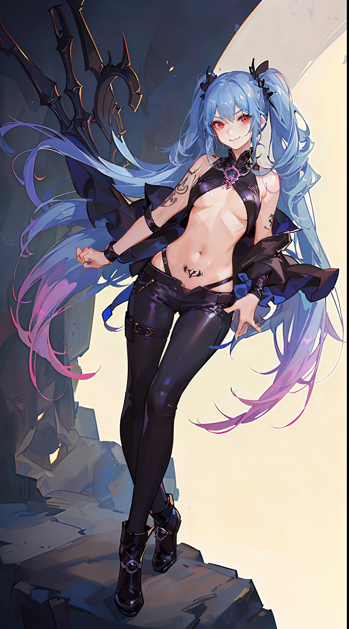 young girl, long blue hair, Two long pigtails, red eyes, smirk, tattoo, Black Top, open belly, flat chest, pink pants, Jinx(League of Legends), Masterpiece, hiquality, 4k, HD, Good detail