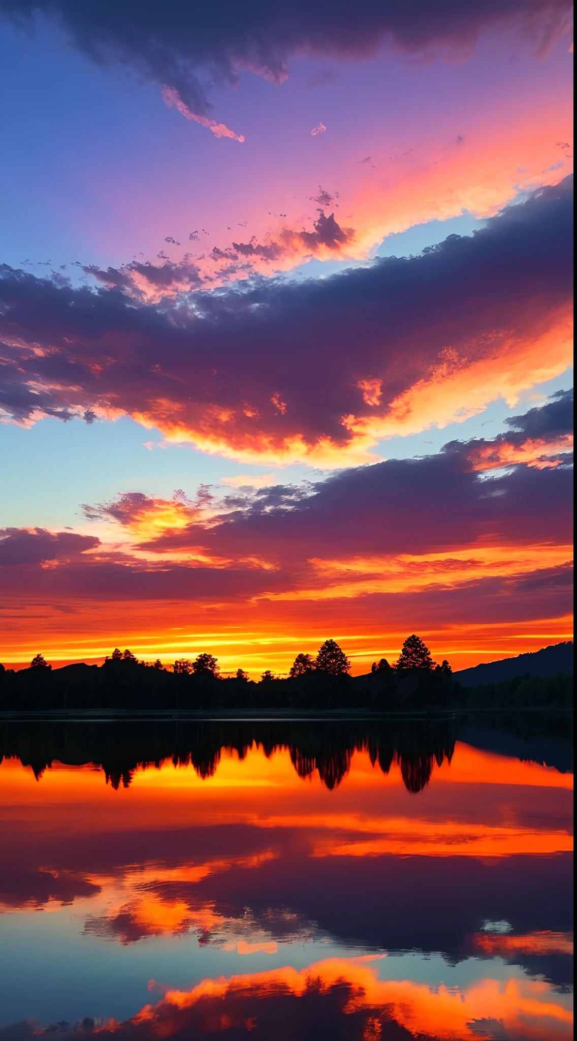 Had a beautiful sunset，Lakes and trees in the background，Sunset，Sunset red sky，Surreal colors，Colorful sunsets，Colorful sky，Marvelous sky reflections，stunning skies，Fantastic atmosphere 8K，Sunset，The color is reflected on the lake，surreal sky，Cloud reflections，beautiful sky，Beautiful and spectacular dusk，Beautiful Dreamy Landscape，Amazing sky