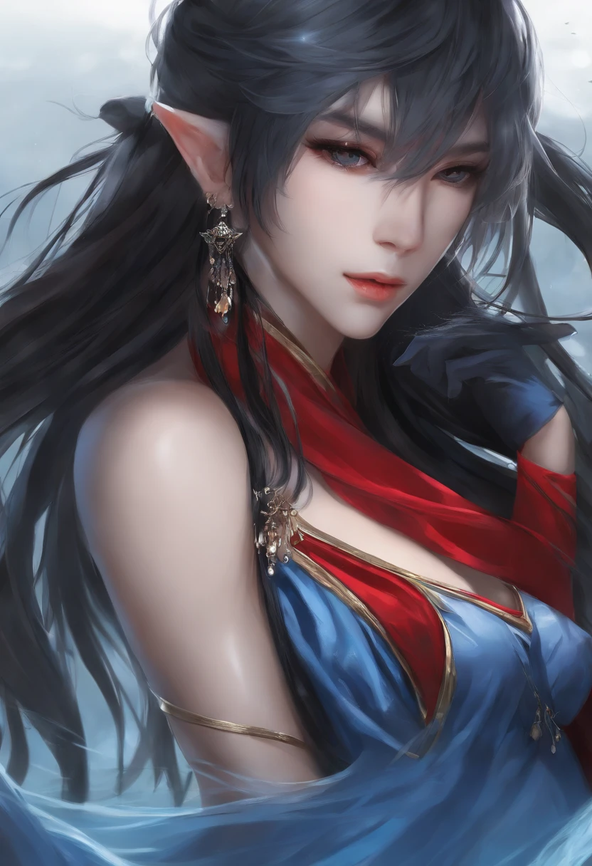 liquid thong,  male focus, gloves, 1boy, solo, long hair, blue hair, earrings, jewelry, simple background, black gloves, water, ponytail, low ponytail, grey background, extremely handsome male, (naked body), wearing micro black tiny g-string, mage long red robes, single earring,  bangs,  liquid hair,  sky print,