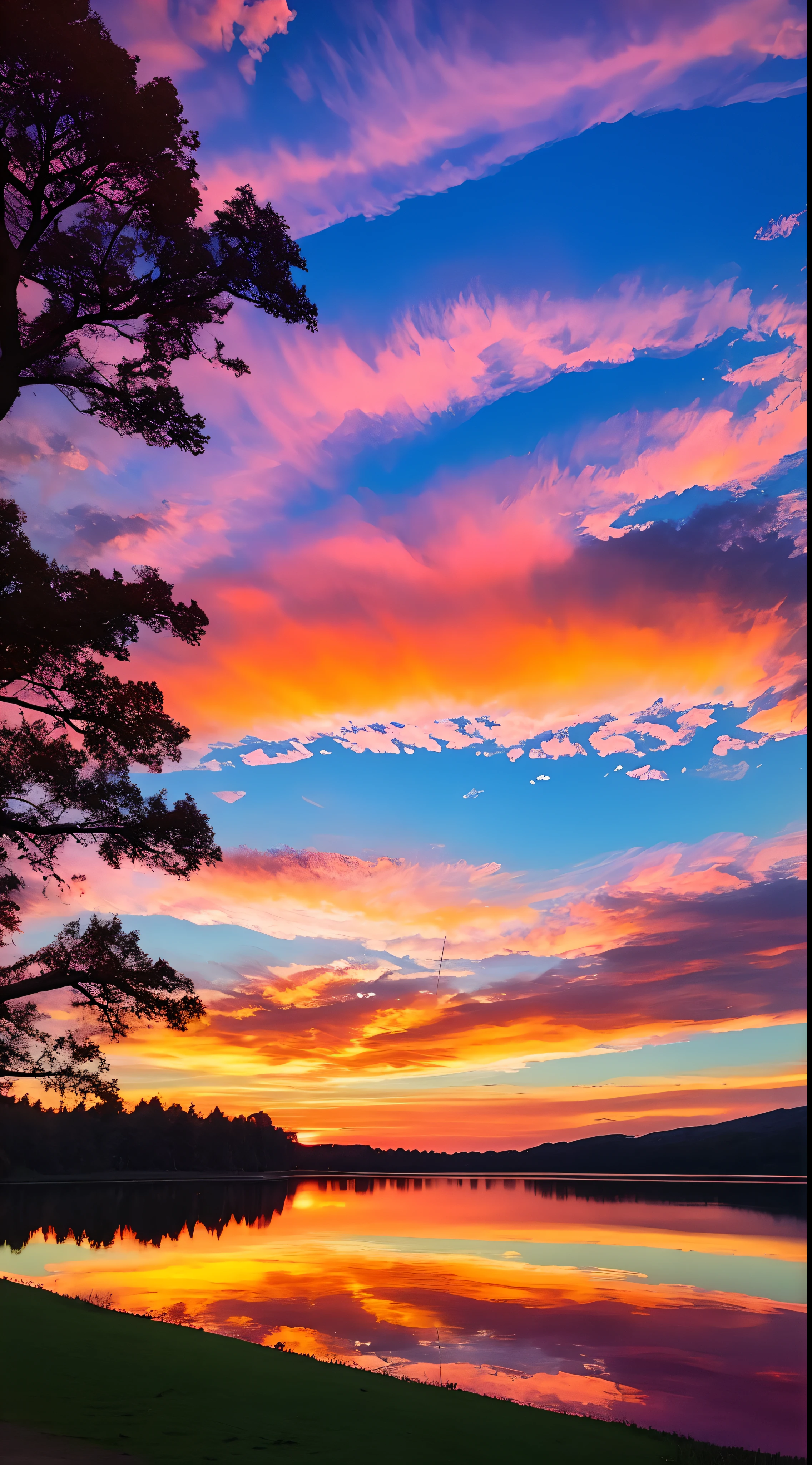 Had a beautiful sunset,Lakes and trees in the background,Sunset,Sunset red sky,Surreal colors,Colorful sunsets,Colorful sky,Marvelous sky reflections,stunning skies,Fantastic atmosphere 8K,Sunset,The color is reflected on the lake,surreal sky,Cloud reflections,beautiful sky,Beautiful and spectacular dusk,Beautiful Dreamy Landscape,Amazing sky
