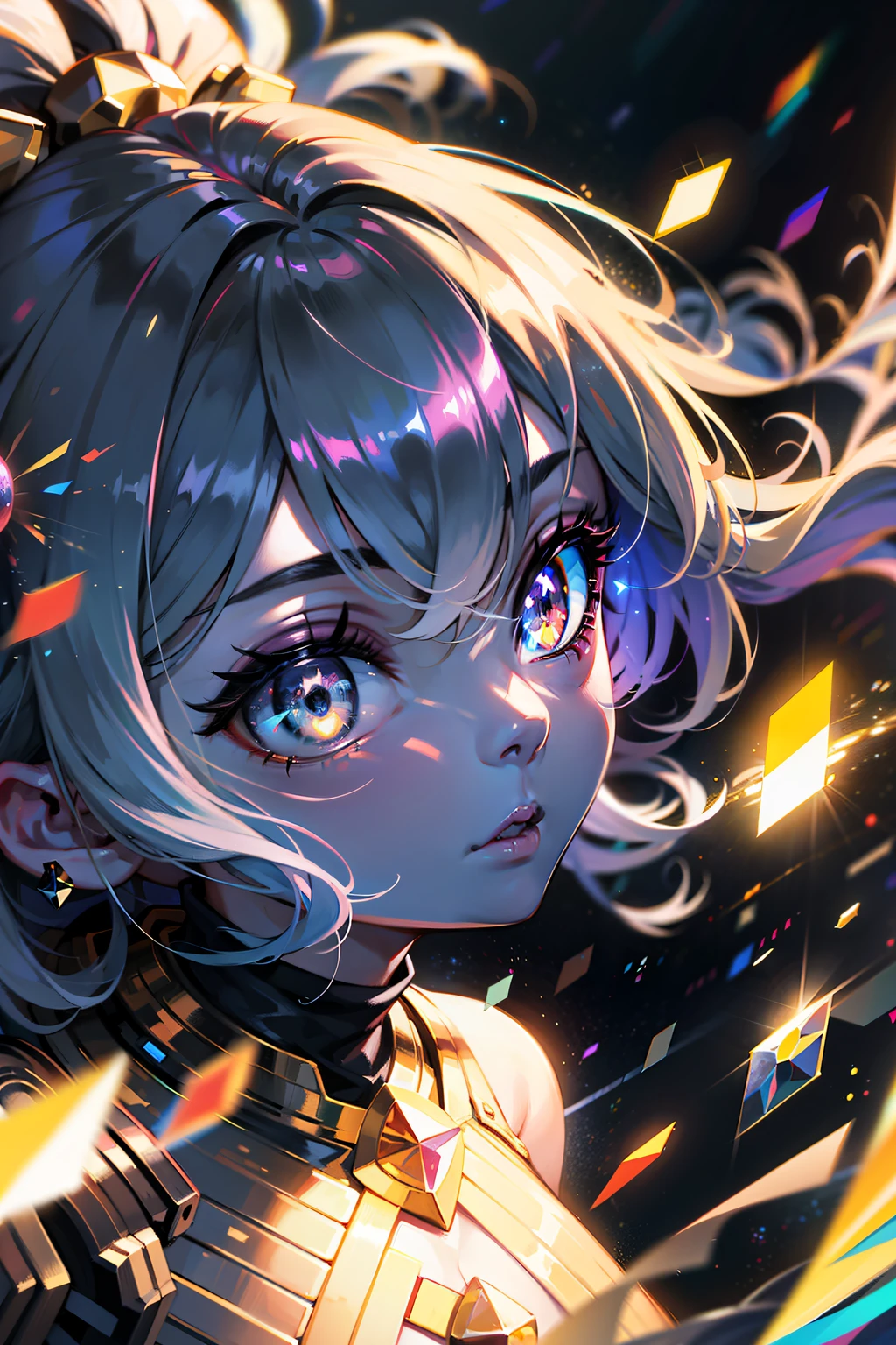 8K, HDR, masterpiece, high resolution, ultra-detailed, epic lighting, detailed eyes, 1 girl, goddess, omnipotent human, floating in space, sparkling eyes, glowing eyes, long hair, space body, galaxy inside the body, multiple galaxies inside the body, transparent body, light particles, distant view, outer space, distant space, galaxy, stars, supernova, solar system, Milky Way, multiple galaxies, fragments, An embodiment of the multiverse.