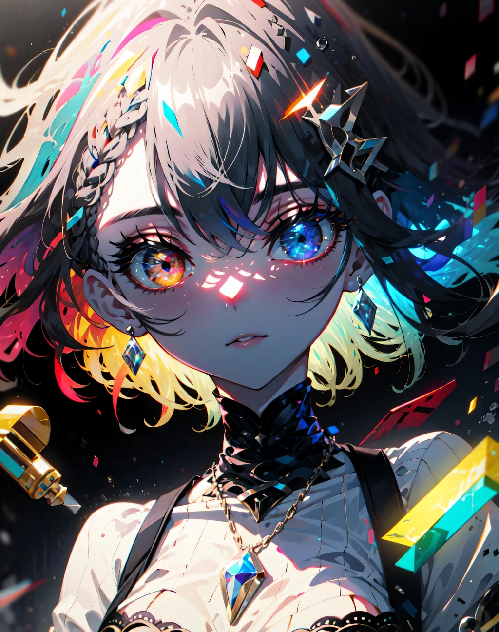 {{masterpiece}}, best quality, extremely detailed CG unity 8k wallpaper, cinematic lighting, lens flare, beautiful detail eyes, black, lingerie, white lace bra, multicolor hair, colorful light, particles, heterochromia, (colorful:1.5), (colorful hair:1.5),