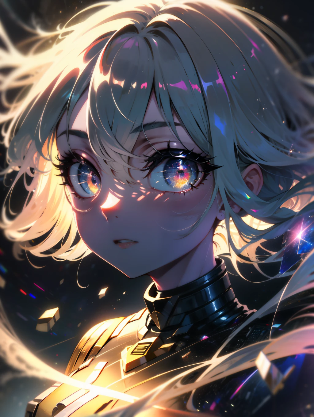 8K, HDR, masterpiece, high resolution, ultra-detailed, epic lighting, detailed eyes, 1 girl, goddess, omnipotent human, floating in space, sparkling eyes, glowing eyes, long hair, space body, galaxy inside the body, multiple galaxies inside the body, transparent body, light particles, distant view, outer space, distant space, galaxy, stars, supernova, solar system, Milky Way, multiple galaxies, fragments, An embodiment of the multiverse.