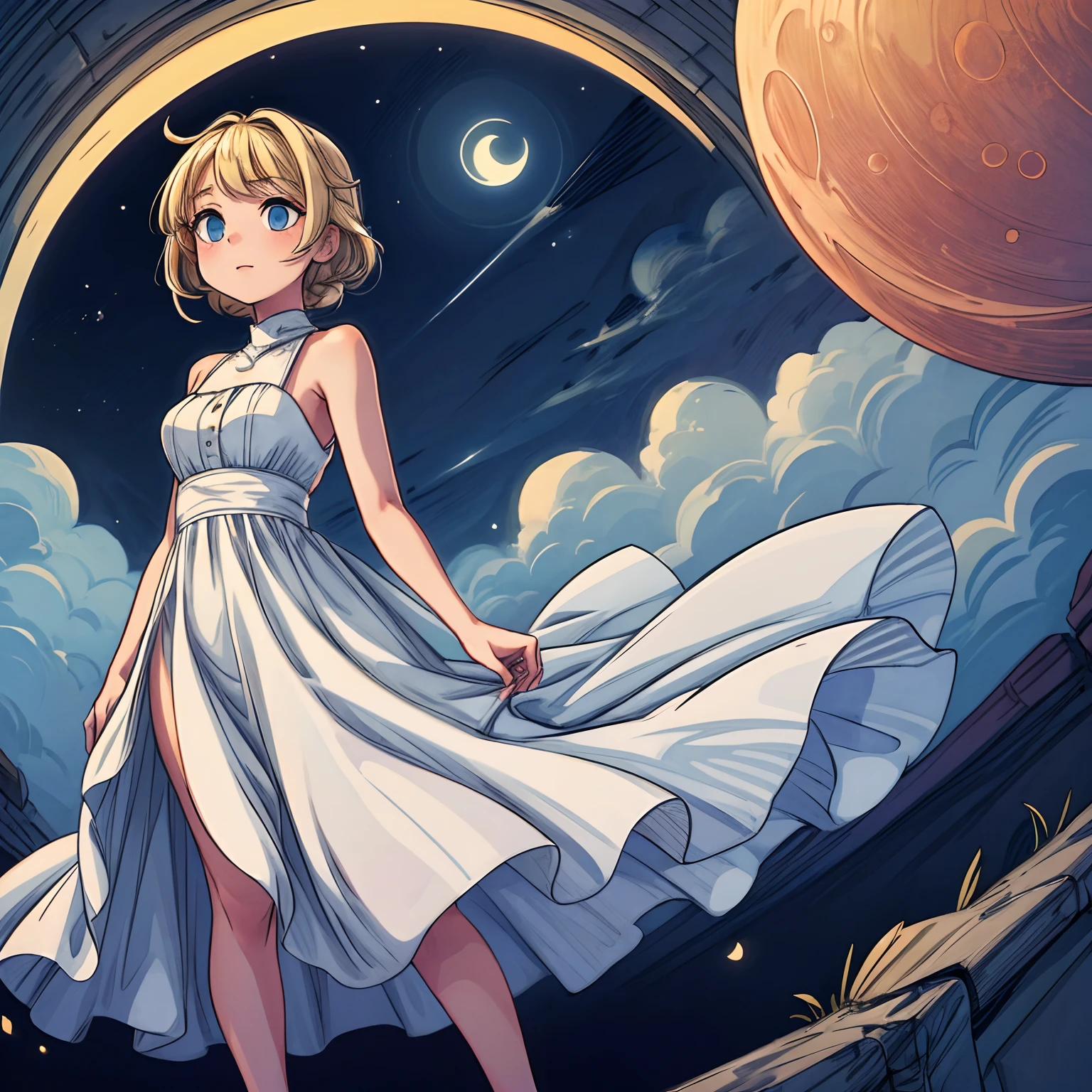 (best quality,highres),1girl, blonde hair,wearing a long white dress, staring at the moon, happy