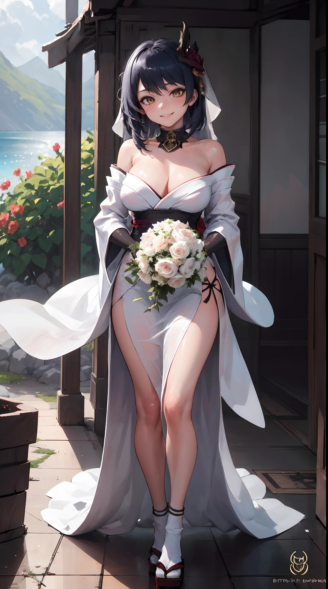 Kujou Sara | genshin impact, master-piece, bestquality, 1girls,25 years old, proportional body, proportional., Wedding Dresses, White Wedding Dress, Long skirt, wedding, ,bara, Standing in the middle of a flower garden, outdoor, wedding, The sky is beautiful, In a paradise of love and happiness................................................, The bride wears a Japanese dress and a seductive smile................................................, The passage of time stops at theirs................................................, On this wedding day of love and happiness................................................, Bright and beautiful flowers, Holding it in her hands symbolizes the envelopment of love................................................, Love and friendship through the transmission of flowers, In a paradise of love and happiness................................................, A bride in a yukata wearing a masika................................................, It is a form of beauty and elegance................................................, Show your spouse your heart..............................................., In a paradise of love and happiness................................................, Kochikugisa is the tree of new beginnings................................................, And their love and affection............................................., And suck a lot of love................................................, Flowers represent love and peace................................................, In a paradise of love and happiness................................................, View viewers from the front., Thigh strap, Head tilt, bored, 10, 10, HD, slight smile,