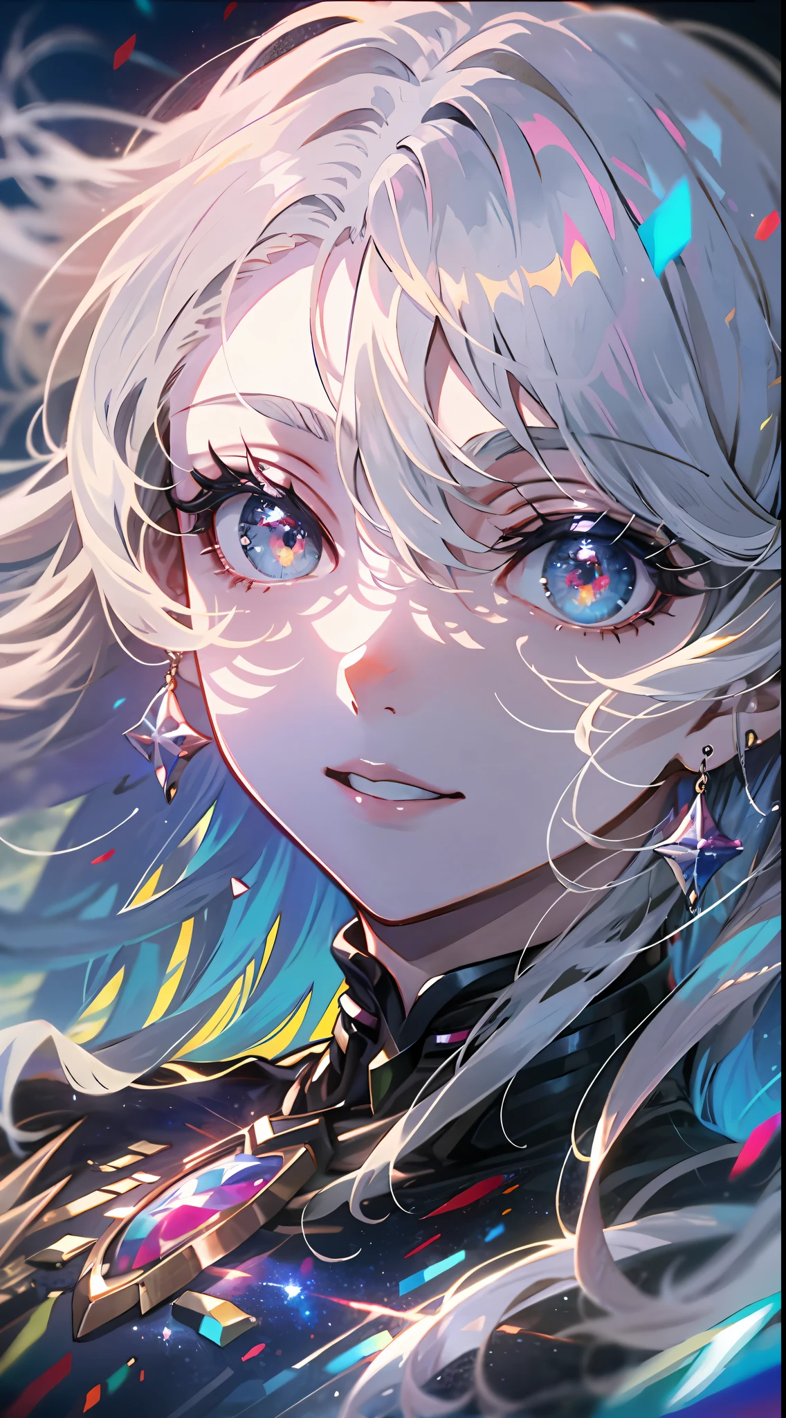 (simple hands:0.5)+(detailed hands:0.7), (masterwork), (best quality), white hair, red eyes,1girl, pale skin, white hair, red eyes, two tone hair, eyelashes, bracelet, jewelry, smile, gleaming skin, shiny hair, detailed and majestic stage, Fantasy, Long Hair, 1 girl, two-tone hair, night sky, Incredibly detailed CG illustration masterpiece, looking at you, anime, beautiful anime eyes, beautiful detailed eyes, eyes, glittering eyes, red eyes, galaxy, nebula, (full body), (curvy),