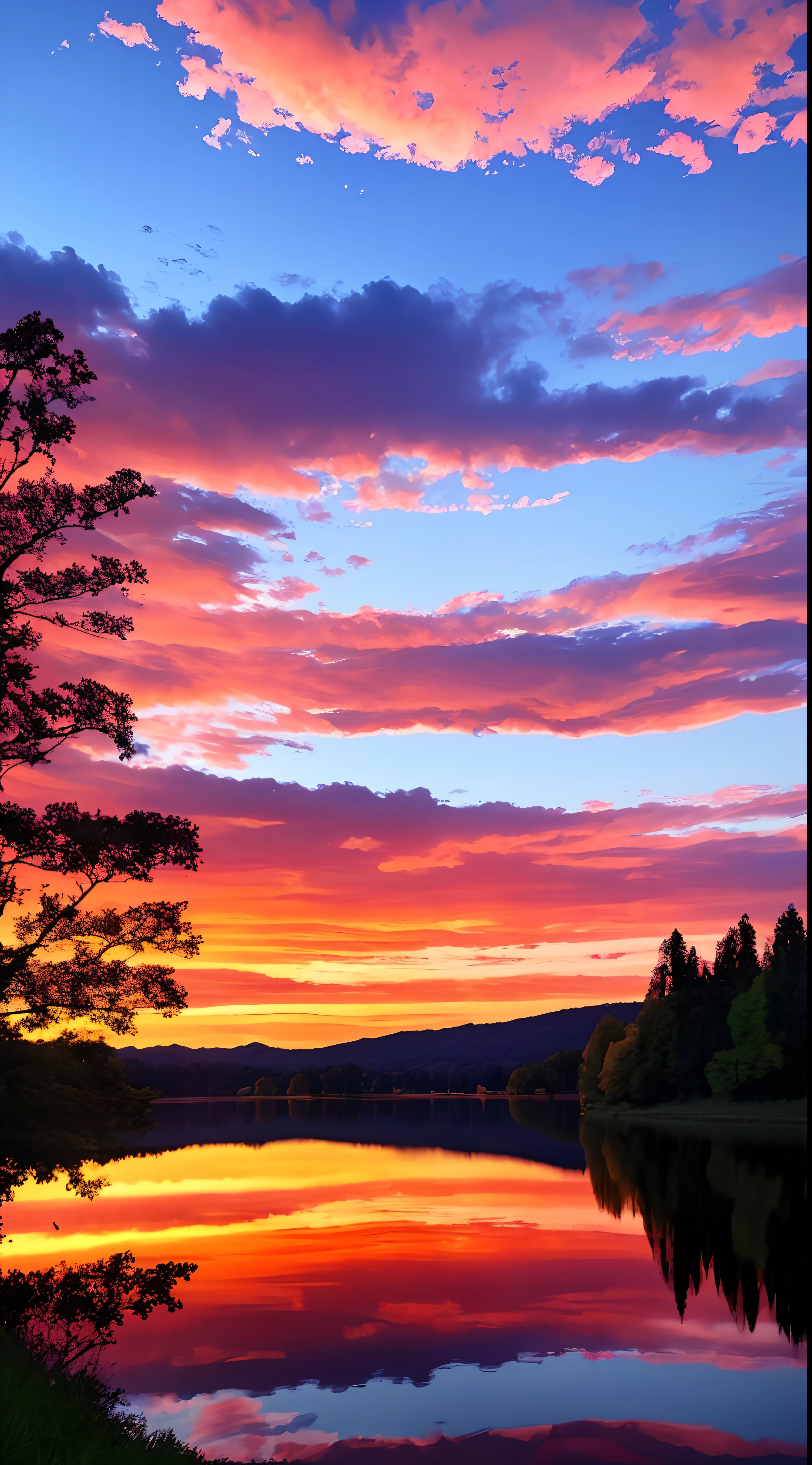 Had a beautiful sunset,Lakes and trees in the background,Sunset,Sunset red sky,Surreal colors,Colorful sunsets,Colorful sky,Marvelous sky reflections,stunning skies,Fantastic atmosphere 8K,Sunset,The color is reflected on the lake,surreal sky,Cloud reflections,beautiful sky,Beautiful and spectacular dusk,Beautiful Dreamy Landscape,Amazing sky