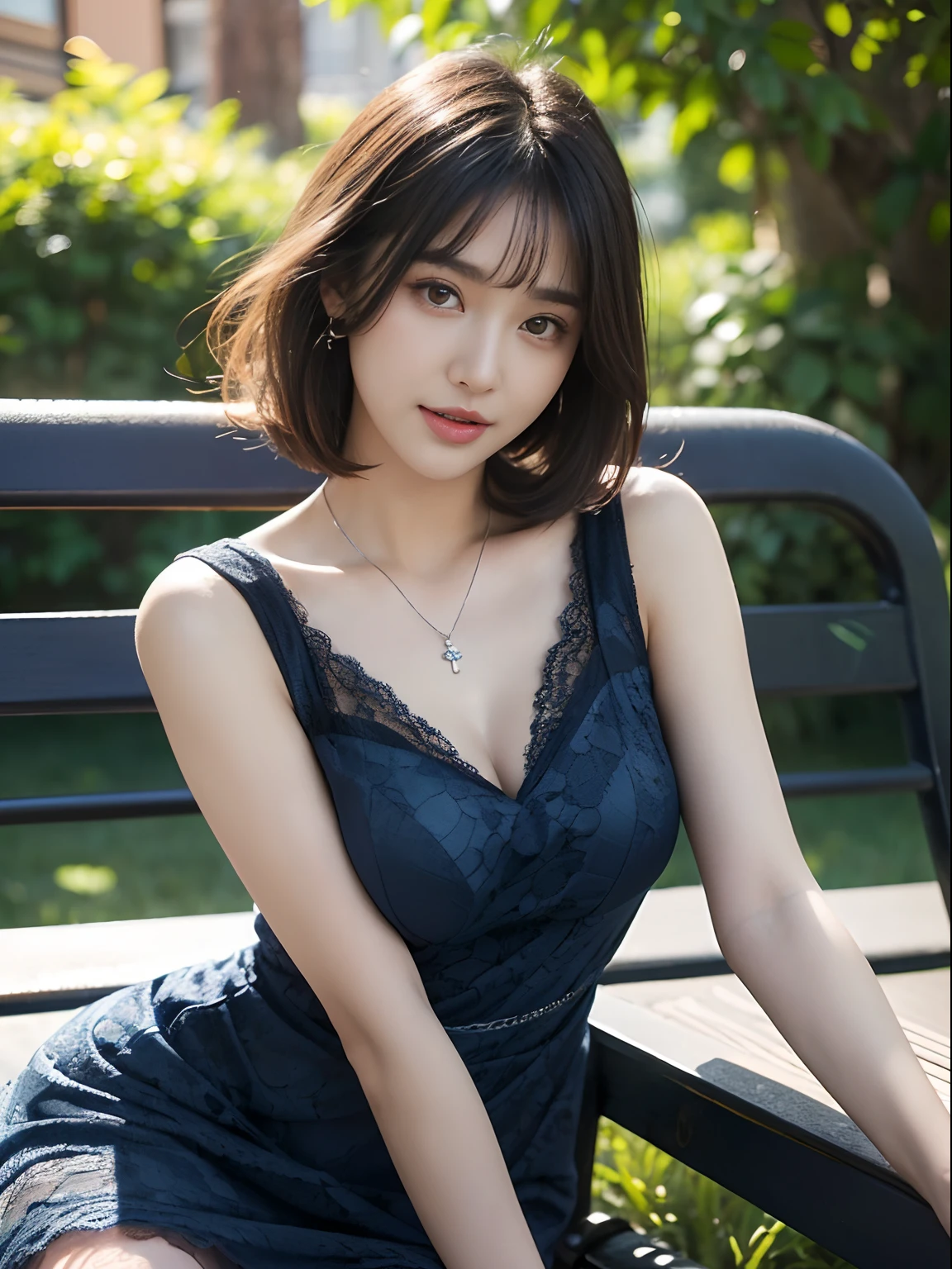 ((((top-quality))))、(((Ultra Precision CG16K Wallpapers)))、(((masterpiece)))、(((ultra-detailliert)))、(((Ultra-extreme details)))、One woman、a matural female、24-year-old woman、((Japanese face))、((extremely beautiful face))、((bob cuts:1.2))、(curly hair)、Bangs up to the eyebrows、Beautiful brown hair、Beautiful delicate eyes、Brown eyes、lofty nose、small nostrils、seductive lips、Half-open mouth、Beautiful breasts、C-cup size breasts、cleavage of the breast、Beautifully proportioned proportions、perfect anatomia、Beautiful and detailed shading、Beautiful natural lighting、Beautiful detail glow、depth of fields、(((a high chroma)))、((realisitic:1.9))、((Vivid:1.4))、((Beautiful skin))、((Skin texture))、dynamic ungle、((medium shot))、((Angle from the front))、((ssmile))、(Staring eyes)、Bright sunshine、((a park))、(Background blur)、((Dark blue lace dress:1.5))、(sleeveless)、(a miniskirt)、(Silver Necklace)、((2 beautiful legs))、