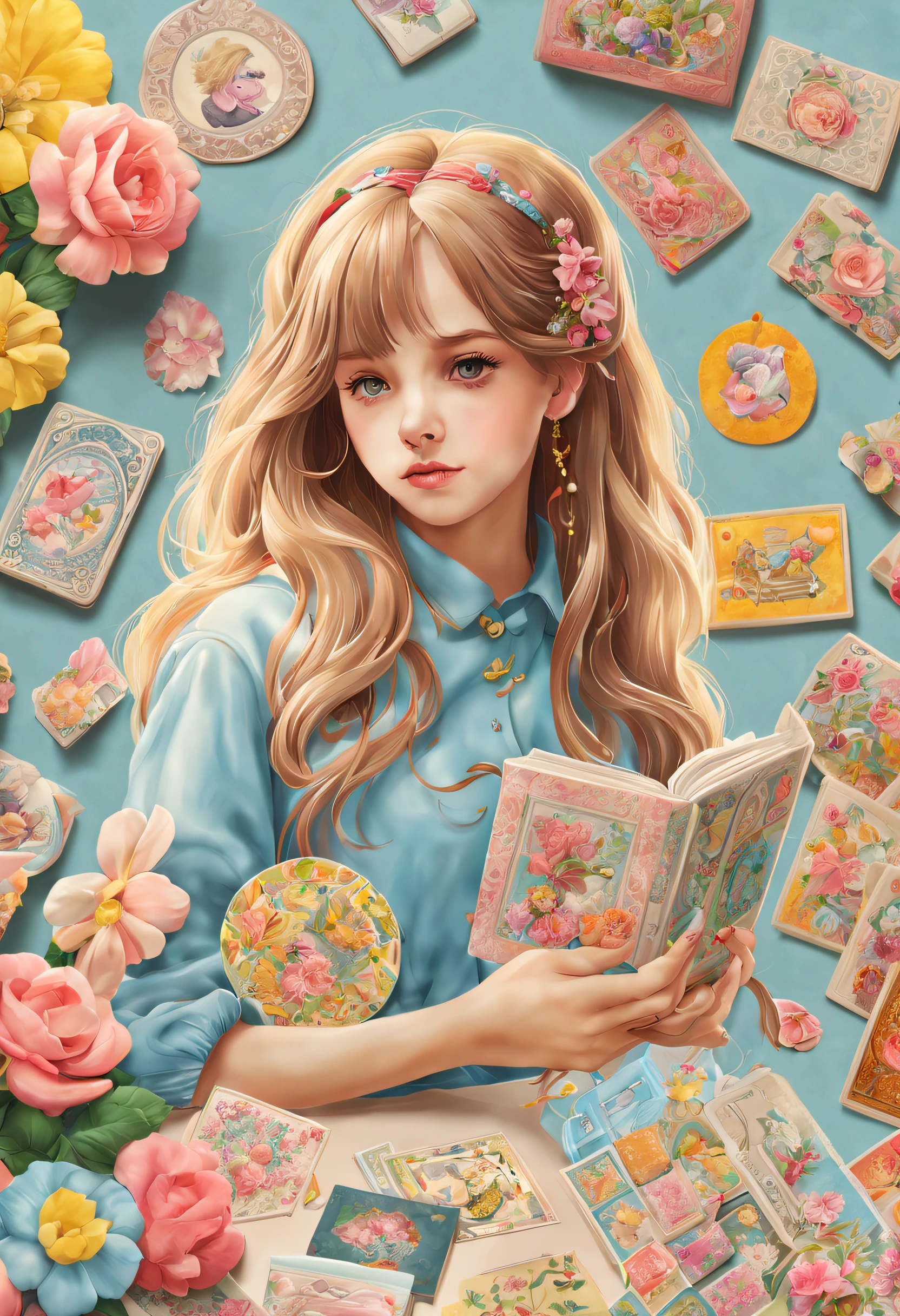 masterpiece: 1.2), (best quality), (ultra detailed), (8k, 4k, intricate), (highly detailed: 1.2),A girl with a sticker collection book, colorful illustrations, vintage style, nostalgic memories, detailed stickers, vibrant colors, soft pastel tones, natural lighting, high resolution, whimsical atmosphere.