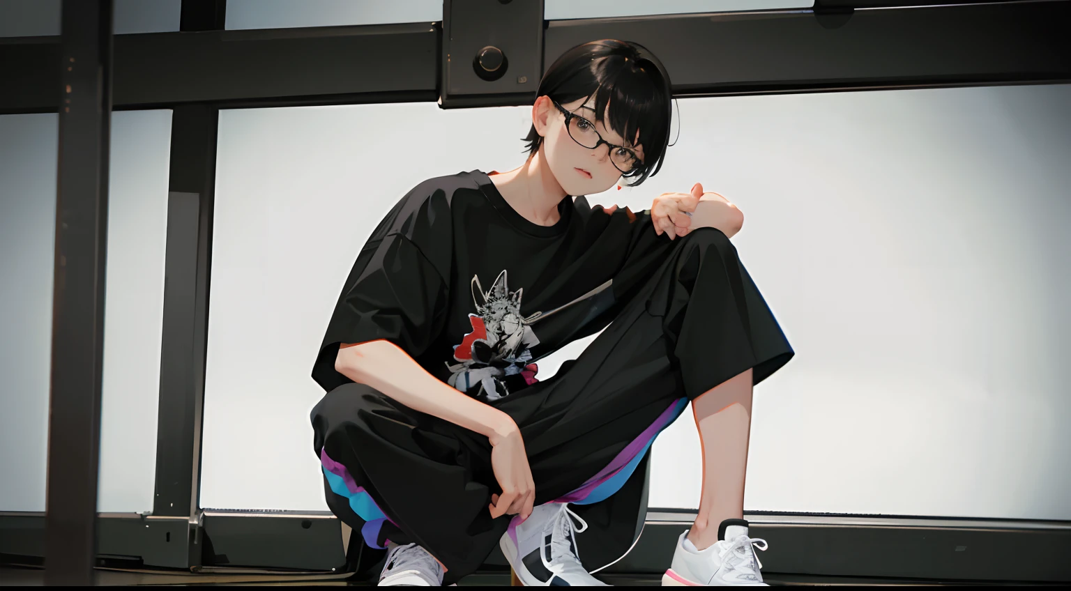 full body, the character is in the center of the frame, standing, longuette, male, 20 years old, kunder-rim eyewear, black short sleeve t-shirt, sneakers, no background, ultra detailed, best quality, detailed and intricate,