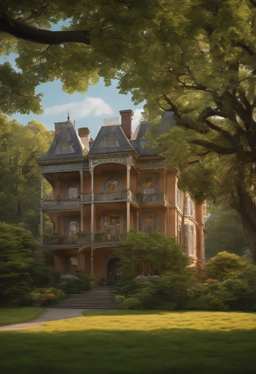 Realistic, Real life, Beautiful old colonial big house on the hill, Laurie Graceley style, by Ghibli Studio, Akira Toriyama, James Gilead, Genshin Impact, trending pixiv fanbox, spatula de acrylic, 4K, Vibrant colors, devinert, Trend at Artstation