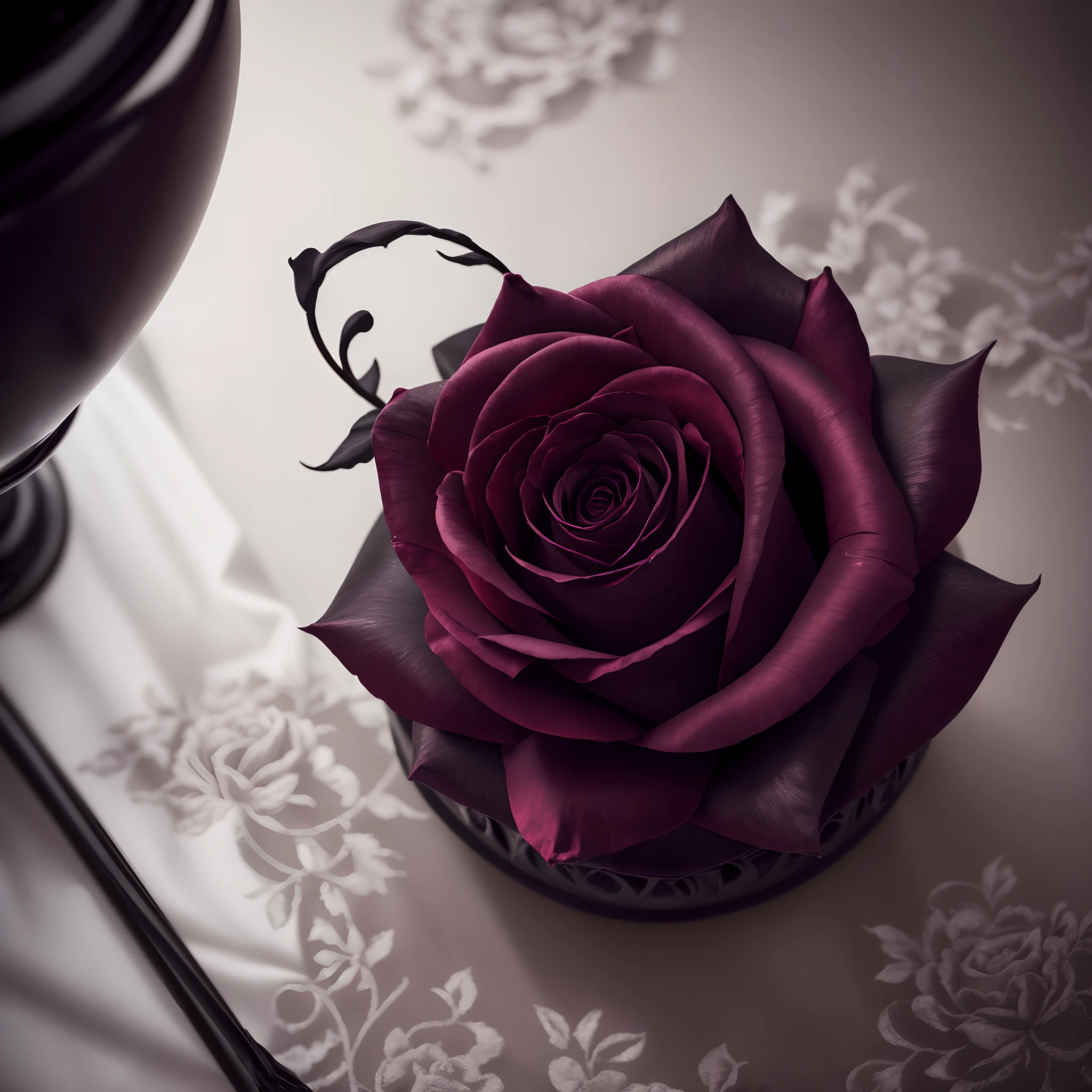 (blackrose,elegant,gothic,dark),vase,beautifullightshining,detaildescription,highres,photorealistic,softpetals,thorny,velvet,romantic,subtlelighting,mysteriousatmosphere,edgy,artistic,contrast,shadowplay,redvelvet,vividcolors,distinctive,artisticexpression,silk(dark-redsilk),delicate