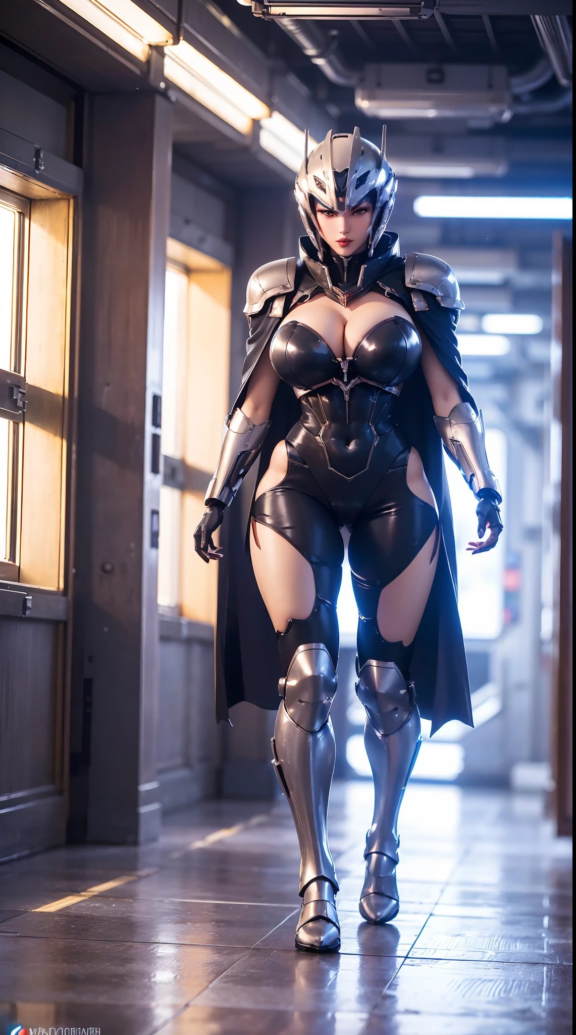 1GIRL, SOLO, (phoenix mecha helmet:1.2), (BIG BUTTOCKS, HUGE BOOBS:1.4), (PHOENIX MECHA GUARD ARM, GLOVES), (black, blue, PHOENIX MECHA CYBER SHINY ARMORED SUIT, ROYAL CAPE, CLEAVAGE, MECHA SKINTIGHT PANTS, GUARD ARMOR LEGS, HIGH HEELS:1.4), (MUSCULAR BODY, SEXY LONG LEGS, FULL BODY:1.5), (MUSCLE ABS:1.2), (LOOKING AT VIEWER:1), (WALKING DOWN HALLWAY OF FUTURISTIC SPACE STATION:1.3), PHYSICALLY-BASED RENDERING, ULTRA HIGHT DEFINITION, 16K, 1080P.