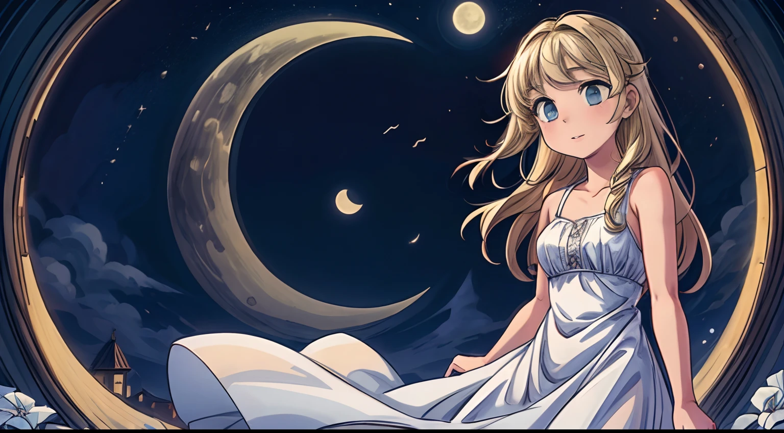 (Best Quality,hight resolution),1girl, blonde hair,In a long white dress, Looking at the Moon, Happy