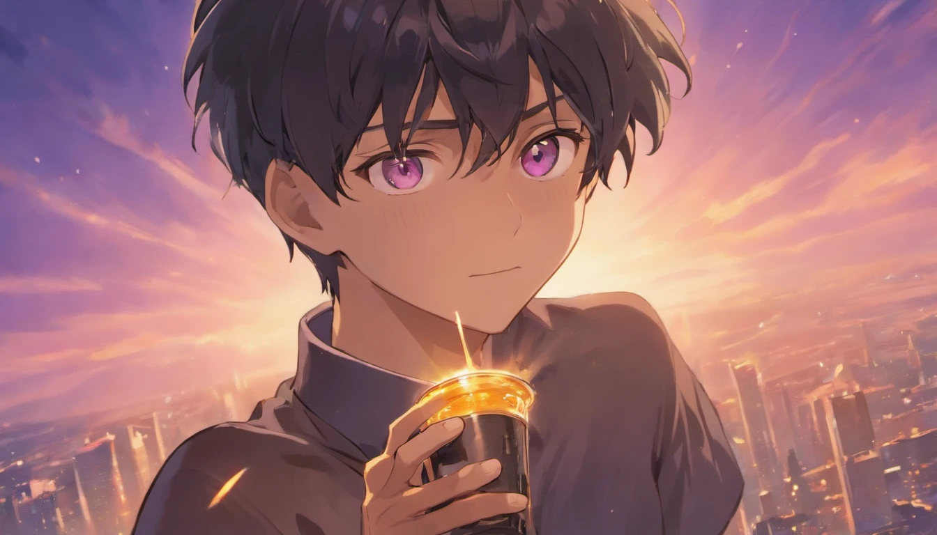 masterpiece, best quality, movie still, 1men, light brown skin, black eyes, muscular body, short black hair, purple polo, black full pant, holding a cup of coffee, floating in the sky, close-up, bright, happy, bright morning, beautiful sunrise, (sparks:0.7)