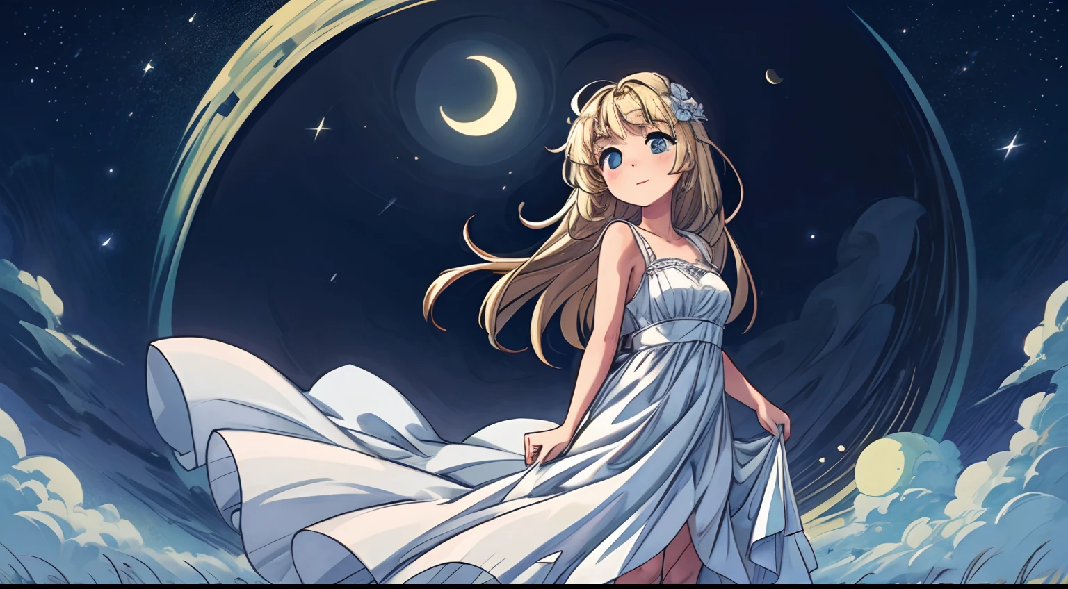 (Best Quality,hight resolution),1girl, blonde hair,In a long white dress, Looking at the Moon, Happy