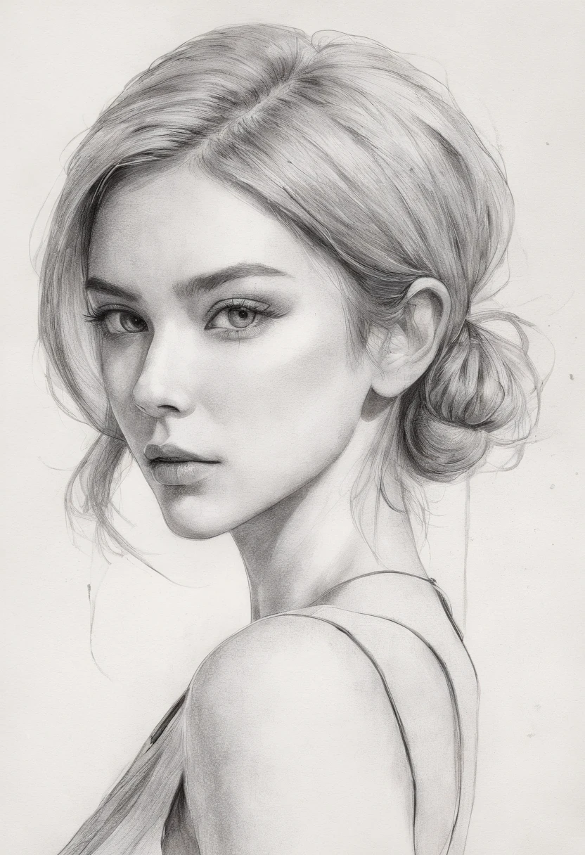 Portrait of a beautiful woman,  sundress,  defined black lines, 1girl, solo, agua, chica abrazando tulipanes, fondo simple, fondo blanco, monocromo, lineart, ((sketch)),((high quality, masterpiece:1.4)), 1girl, ((upper body)), portrait sketch, messy drawing, messy charcoal spots, unfinished sketch, sketchbook charcoal style drawing of a woman, sketchbook drawing, sketchbook, beautiful hair, medium short hair, beautiful face, symmetrical face, symmetrical eyes, ((paper material background)), realistic charcoal lines, imperfect drawing, charcoal crumbs, charcoal lines, imperfection, fading sketch, sQueratogray Sketch (eddiemauro-mix)