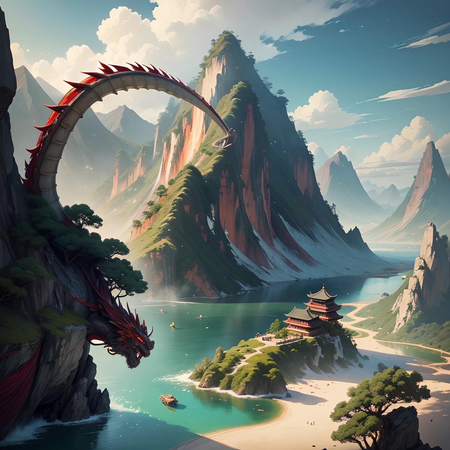 There is a cartoon image of a mountainous landscape with a lake, Paisaje de avatar, floating mountains, detailed scenery —width 672, Leyenda del entorno de Korra, paisaje chino, autor：Li Tiefu, Ilustraciones en el estilo de Z.Mostrar en el. Gu, Brittney Lee, Paisaje anime, beautiful rendering of Tang Dynasty, inspirado por Yuan Jiang, illustration: Pintura mate (((with a flying metallic red Chinese dragon)))