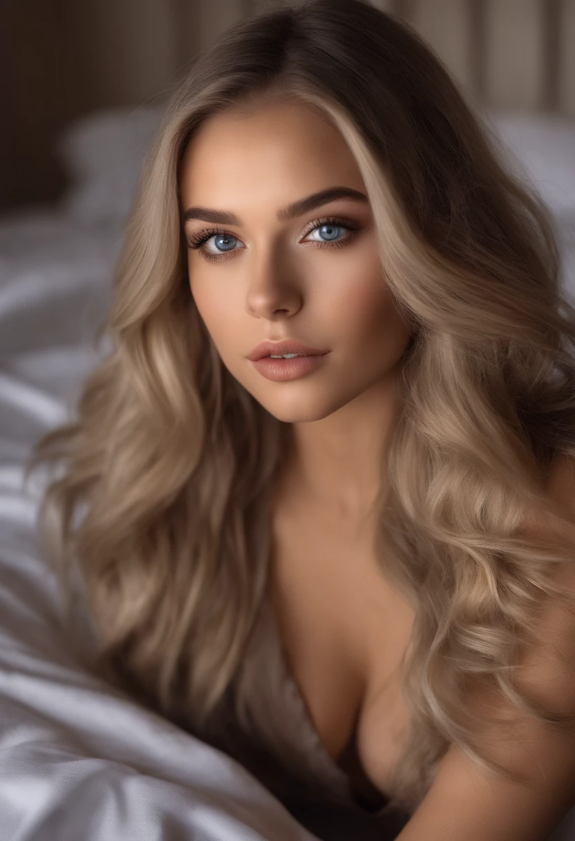 Arafed woman completely , fille sexy aux yeux bleus, ultra realist, Meticulously detailed, Portrait Sophie Mudd, cheveux blonds et grands yeux, selfie of a young woman, Yeux de chambre, Violet Myers, sans maquillage, maquillage naturel, looking straight at camera, Visage avec Artgram, Maquillage subtil, Great photo of the whole body kneeling on the bed, grandes hanches, Very large bust, dans la chambre, Dressed in sportswear