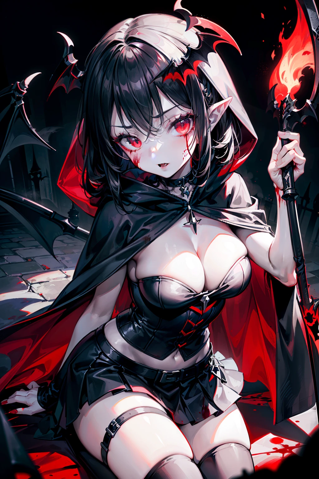 ((masterpiece, best quality, extremely detailed CG, unity 8k wallpaper,anatomically correct,ultra resolution)),Award-winning photography,(best illumination,Very Delicate and Beautiful),(one girl,solo,:1.5),(Vampire:1.45),black hair,(long hair),(glowing red eyes:1.25),(pale skin:1.45),(extremely beautiful and detailed face:1.2), (extremely beautiful and detailed eyes:1.2),perfect hands,delicate legs,((bat hair ornament)),(gothic style,death atmosphere),pointy ears,skinny, black chest armor and elbow armor, skirt:1.2, black inner clothes, knee pads, stockings, hooded black cloak)),looking at viewer,menacing, sharp, (grim-reaper-girl swinging a purple bright digital runes chaos curse magic-scythe),head tilt,dark persona,evil,(cute:1.5),((night, dark atmosphere, dark theme, darkness:1.5,dynamic angle)),dramatic shadows,(dimly lit:1.5),blood on face,blood on floor, blood on walls,(blood mist,blood splash:1.4),depth of field,(devil city:1.3),hell flames,gothic castle,(perfect human body structure with maximum precision)