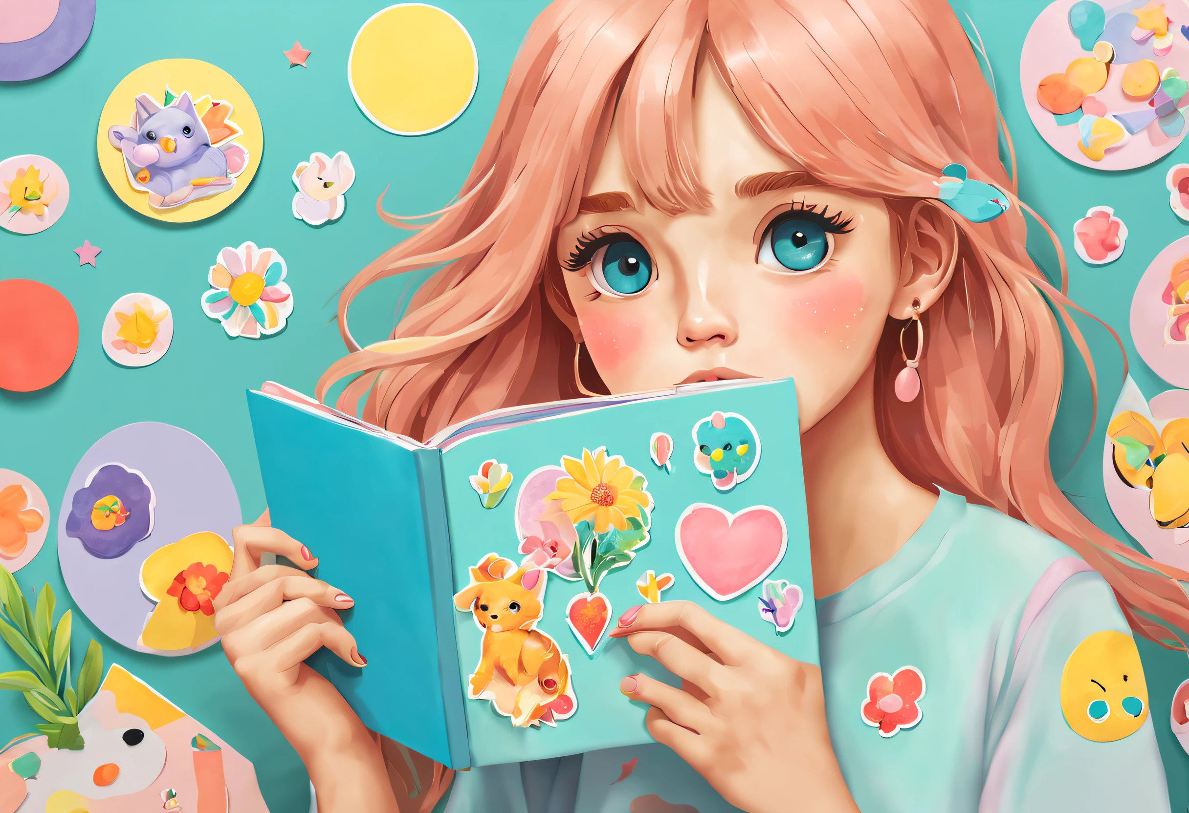 A girl with a sticker collection book, colorful illustrations, detailed stickers, vibrant colors, soft pastel tones, natural lighting, high resolution, whimsical atmosphere.