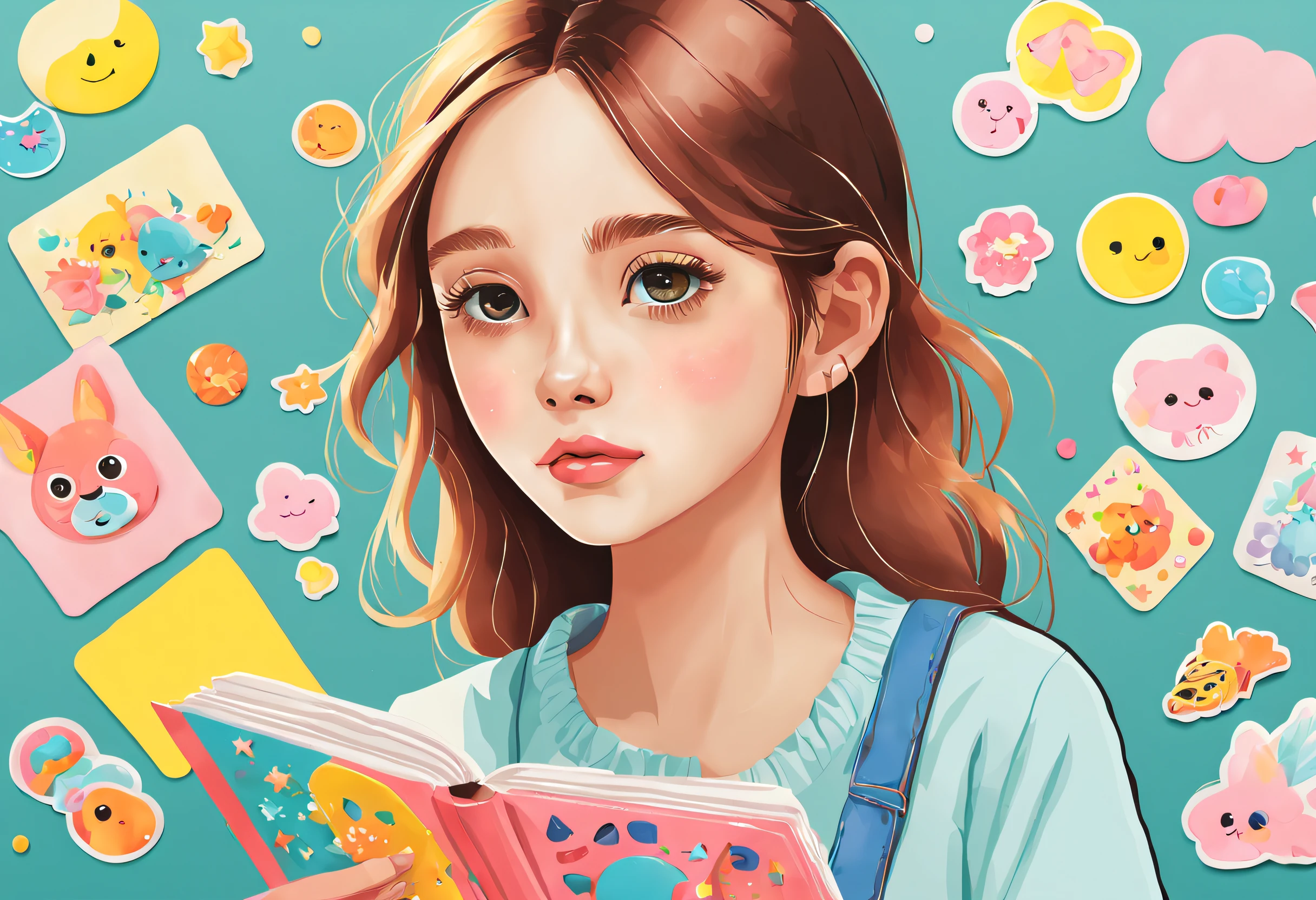 A girl with a sticker collection book, colorful illustrations, detailed stickers, vibrant colors, soft pastel tones, natural lighting, high resolution, whimsical atmosphere.