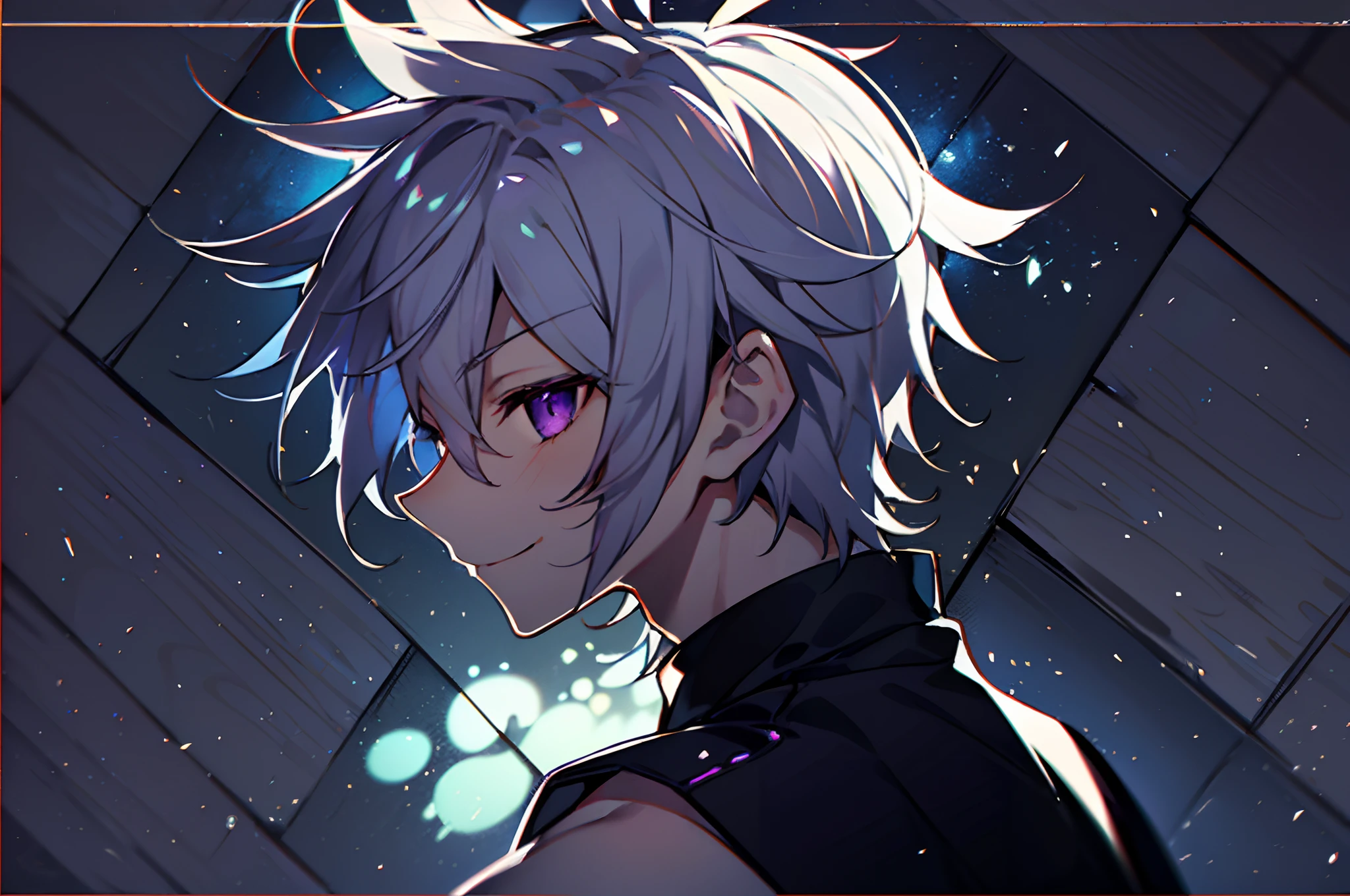 One Boy、hight resolution,close range、Anime boy with white hair and purple eyes, (((white  hair)))、shining purple eyes,slim, dressed in a black outfit,Shadow Body,de pele branca,monochromes,hair messy,Aggressive smile、profile、from a_Side、Look away