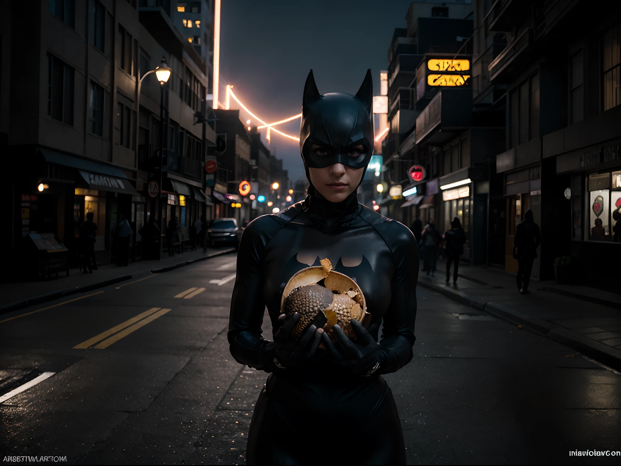 Batgirl,catwoman, NSFW,ordenanza,Eating a pangolin,Comic art,cabo,WMASK,Superhero Costume,oscuridad,Powerful physique,Badass,asustadizo,detailed muscles,Artes marciales,peleando,Escena nocturna urbana,Horizonte de la ciudad,Tejados irregulares,Luz de la luna,action,Fast pace,arenisco,Sombras,Neon lights,Lucha contra la delincuencia,silueta,Batmobile,gancho de agarre,inducir miedo,Bat Signal,gothic ambient,dramatic,justicia,protegiendo Gotham City,Colorful explosion,Bam!,Prisionero de guerra!,dynamic composition,colores vibrantes,alto contraste,Vigilante nocturno,A symbol of hope.