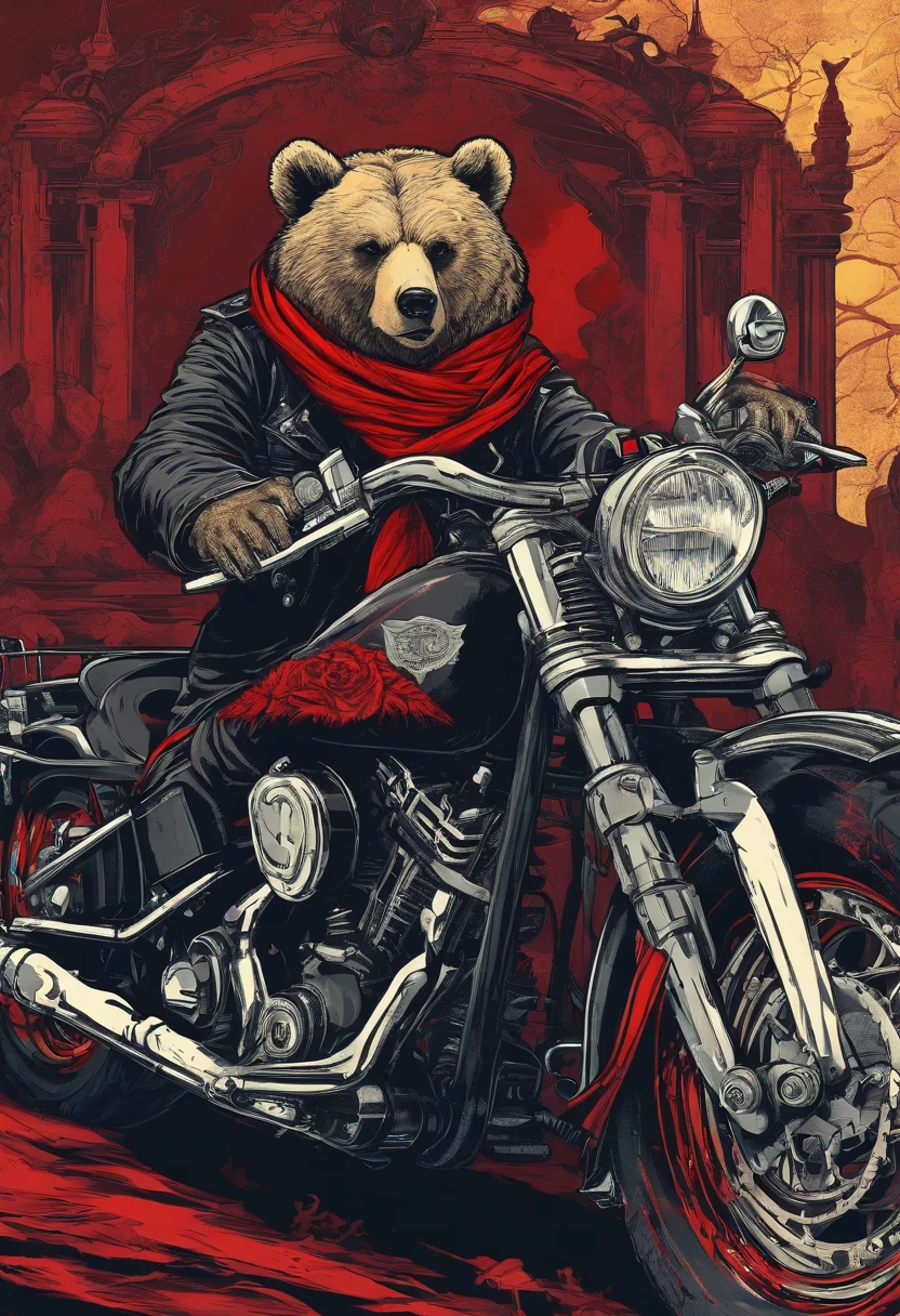 bear, red scarf, Black sunglasses, Sinister smile, He's sitting on a Harley Davidson motorcycle, (Vivid colors: 1.5)