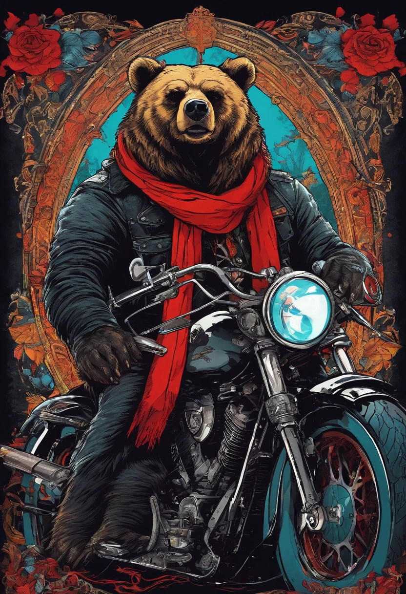 bear, red scarf, Black sunglasses, Sinister smile, He's sitting on a Harley Davidson motorcycle, (Vivid colors: 1.5)