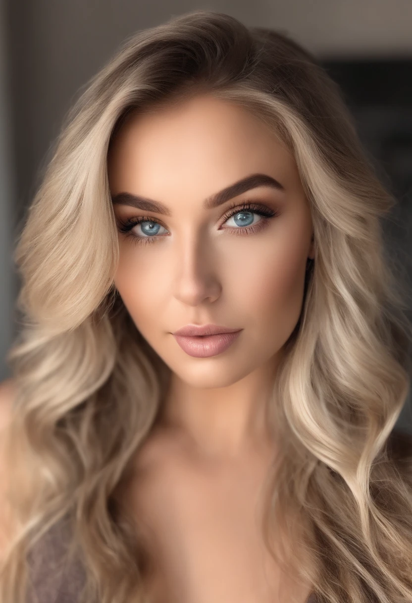 arafed frau voll , Sexy girl with blue eyes, ultra realistisch, Akribisch detailliert, portrait sophie mudd, blonde hair and large eyes, Selfie einer jungen Frau, Augen im Schlafzimmer, Violet Myers, ohne Make-up, Natural makeup, Blick direkt in die Kamera, Gesicht mit Artgram, dezentes Make-up, Stunning full body shot, die auf dem Bett kniet, im Schlafzimmer, medium to large bust size