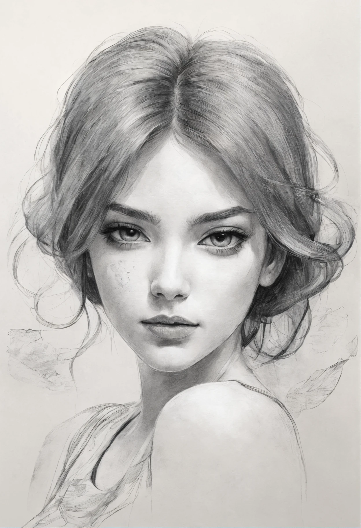 Portrait of a beautiful woman, sundress, defined black lines, 1girl, solo, agua, chica abrazando tulipanes, fondo simple, fondo blanco, monocromo, lineart, ((sketch)),((high quality, masterpiece:1.4)), 1girl, ((upper body)), portrait sketch, messy drawing, messy charcoal spots, unfinished sketch, sketchbook charcoal style drawing of a woman, sketchbook drawing, sketchbook, beautiful hair, medium short hair, beautiful face, symmetrical face, symmetrical eyes, ((paper material background)), realistic charcoal lines, imperfect drawing, charcoal crumbs, charcoal lines, imperfection, fading sketch, sQueratogray Sketch (eddiemauro-mix)