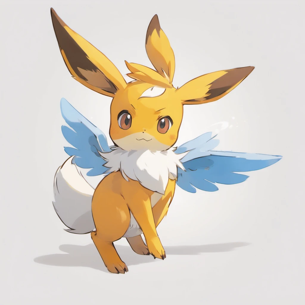 Eevee, Very light blue,Orange head, Light blue and white wings, Black eyes with yellow markings, Black and white sparrow-like tail, Blackbird feet and beak, Masterpiece, Best quality