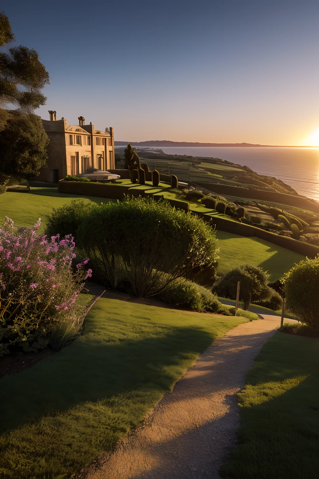 Stately home, on a steep hill, Coastal sunset landscape, photography of Cyprus, inspired by the style of Ken Duncan well known as the pioneer of landscape in Cyprus, making use of dodging and burning to edit a landscape image. — Highly detailed, photorealistic, soft pastel colours, highly detailed, intricate, path tracing, illustration, insanely detailed, shadow mapping volumetric light, specular lighting